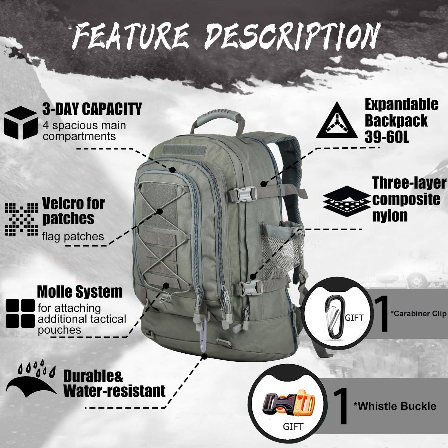 Mochila táctica expandible 39-64L Molle gris para senderismo