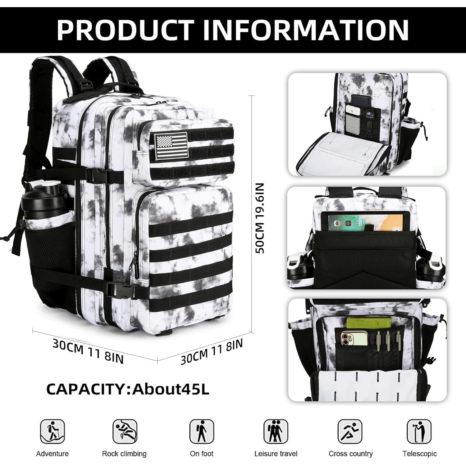 Mochila Táctica 45L Impermeable Oxford 900D Camo Negro y Blanco