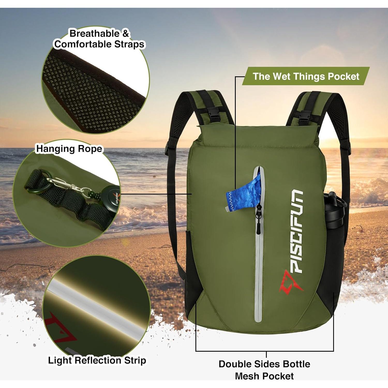 Mochila Impermeable Piscifun 10L Verde Militar para Kayak