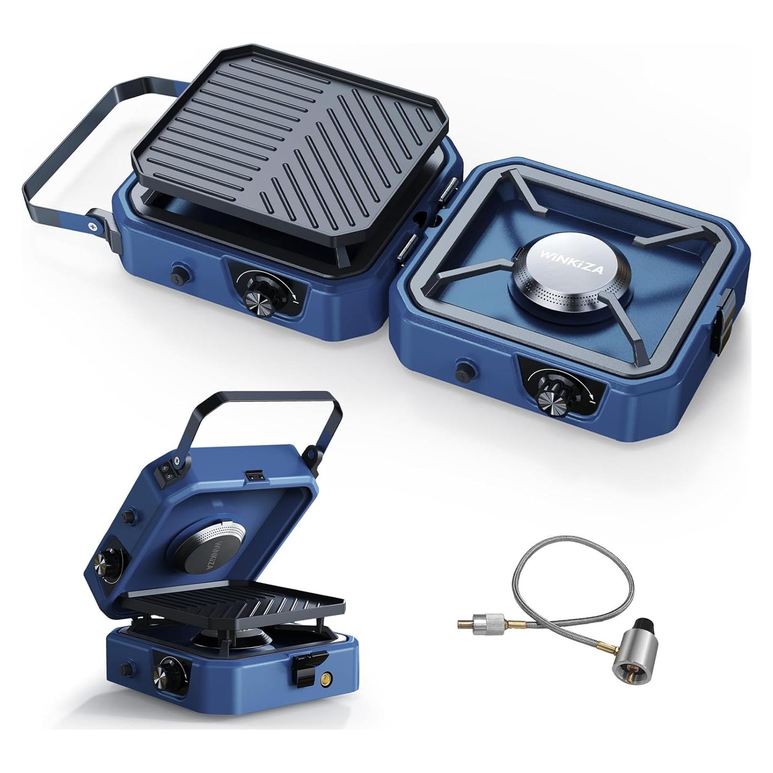 Upgraded WINKIZA 2 Burner Propane Camping Stove with Grill, Foldable Camp Stove with 16,000 BTU, Two Adjustable Burners with Piezo Ignition & Easy Carrying Handle, Portable Stove for Camping, BBQ