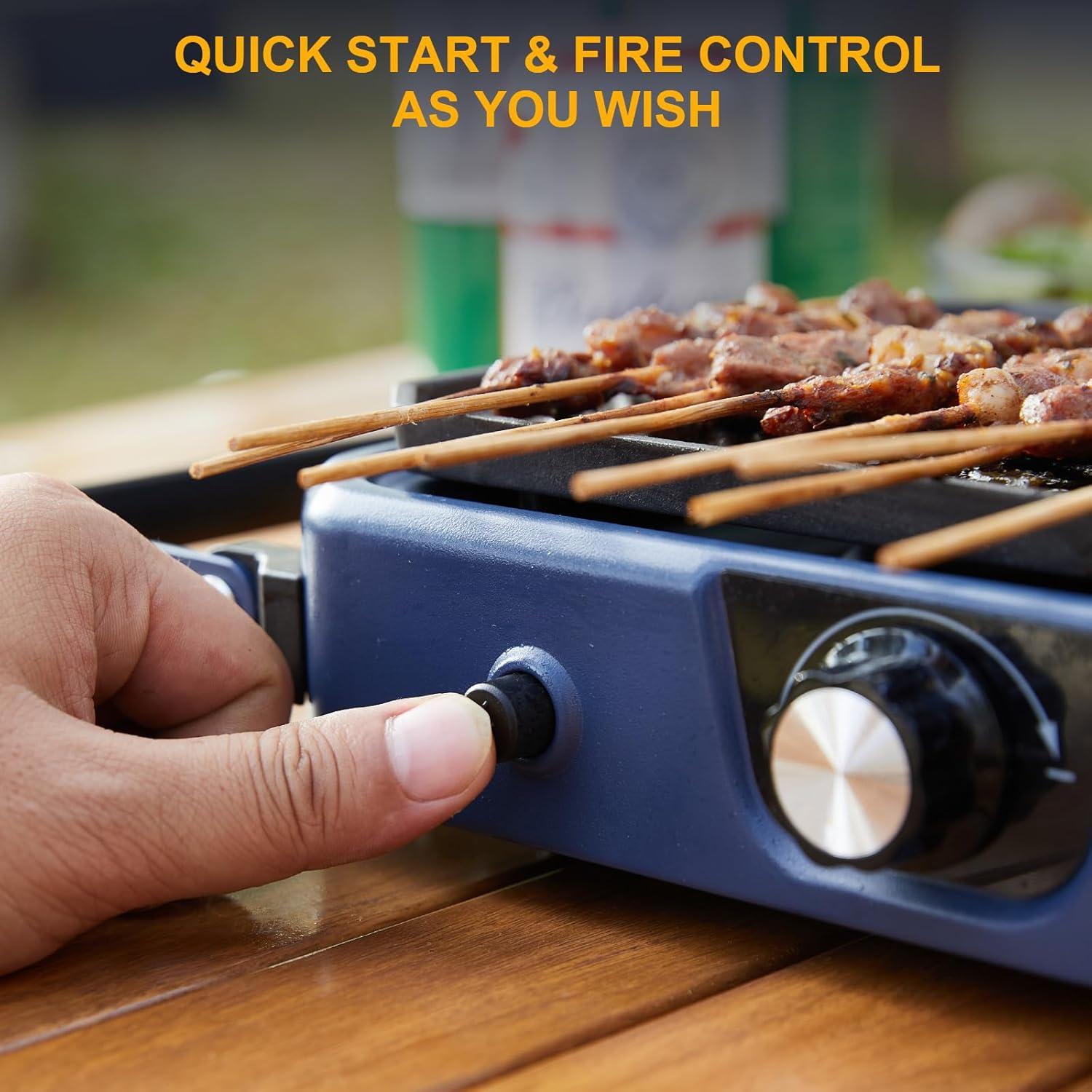 Upgraded WINKIZA 2 Burner Propane Camping Stove with Grill, Foldable Camp Stove with 16,000 BTU, Two Adjustable Burners with Piezo Ignition & Easy Carrying Handle, Portable Stove for Camping, BBQ