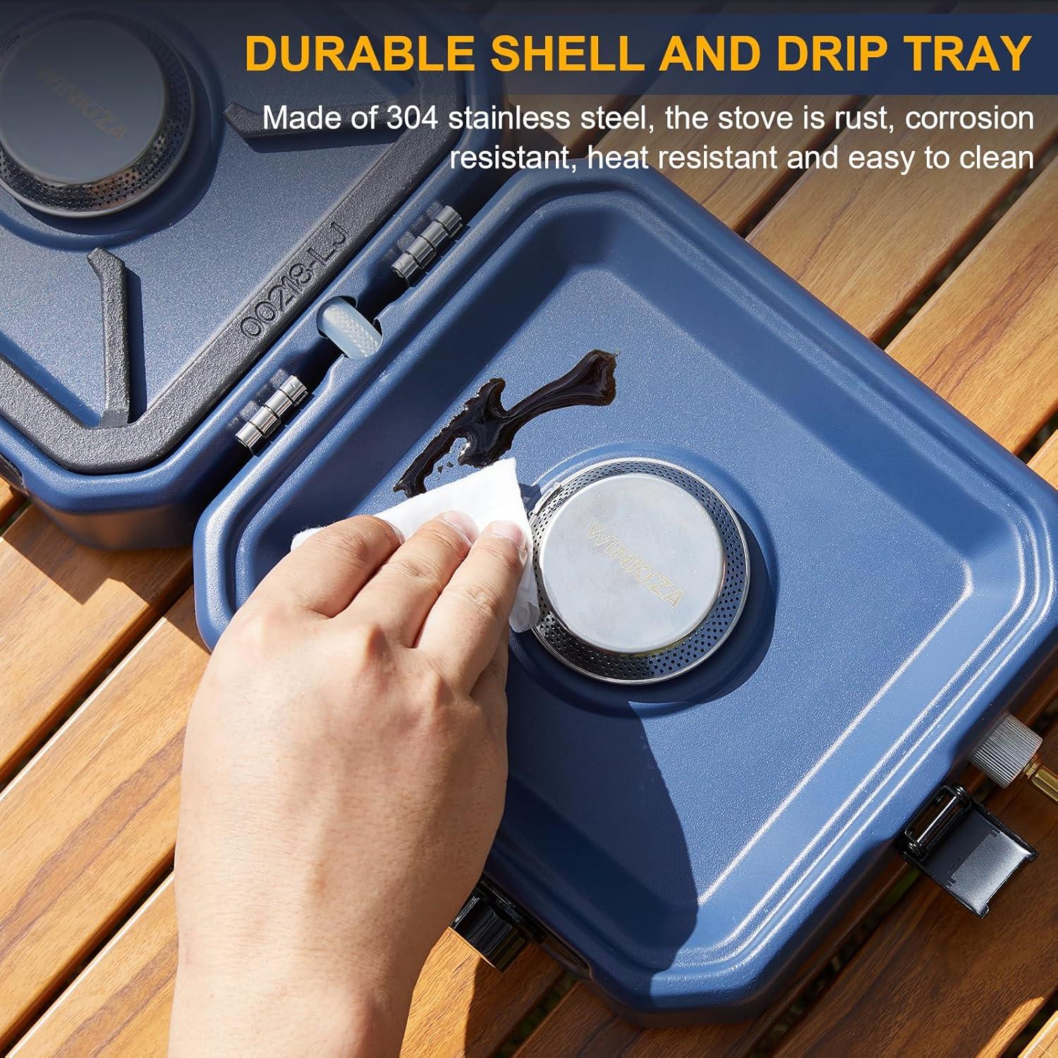 Upgraded WINKIZA 2 Burner Propane Camping Stove with Grill, Foldable Camp Stove with 16,000 BTU, Two Adjustable Burners with Piezo Ignition & Easy Carrying Handle, Portable Stove for Camping, BBQ