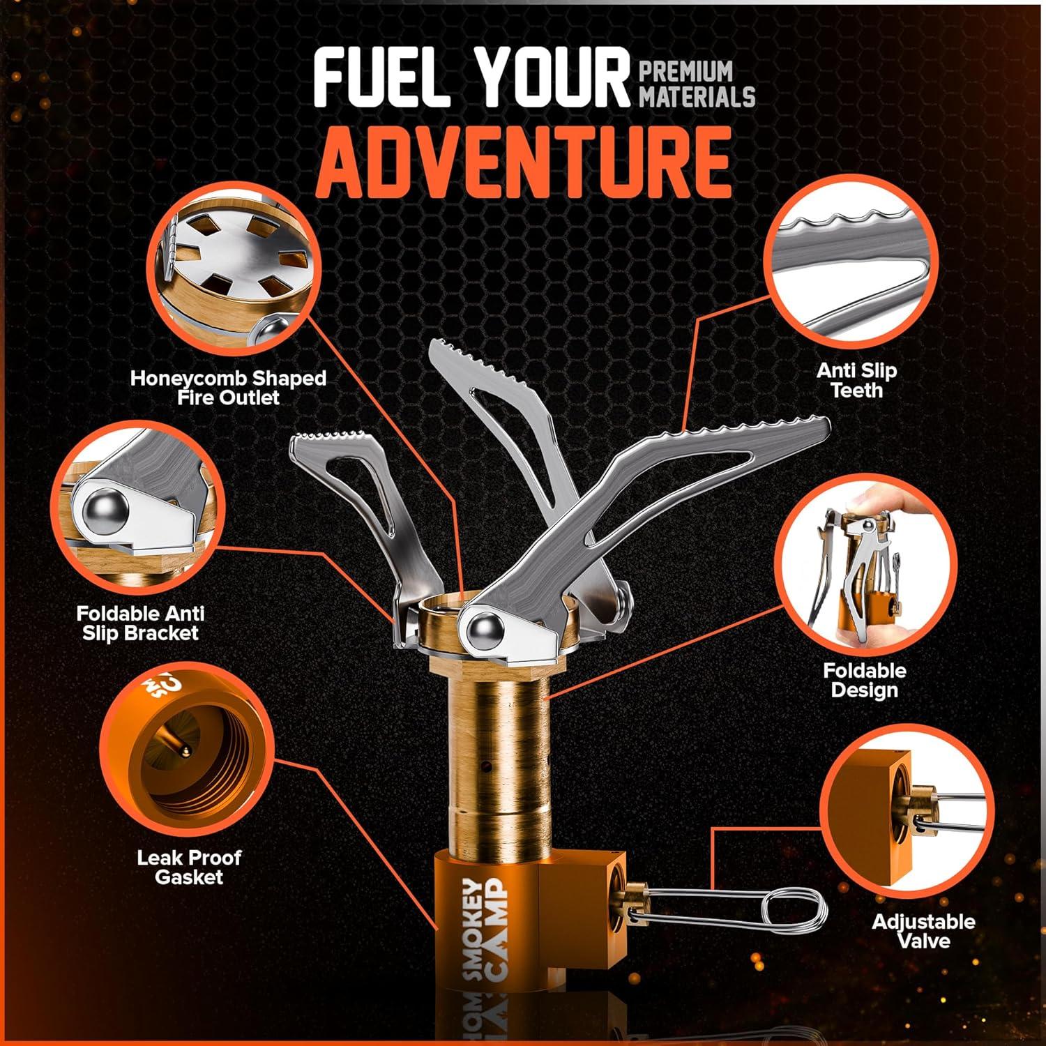 Mini 3000W Camping Stove, Ultralight Backpacking Camp Stove with a Carrying Case and an Additional Adapter, Compatable with Isobutane and Propane Tanks, Portable and Collapsible.