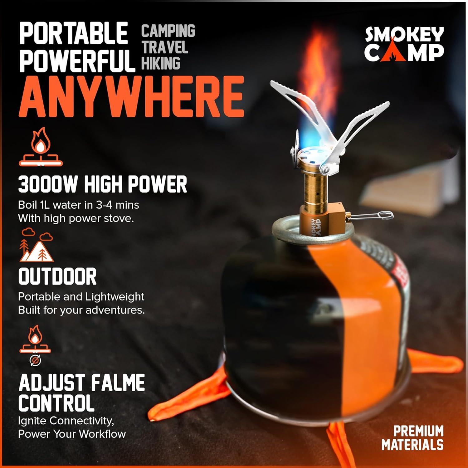 Mini 3000W Camping Stove, Ultralight Backpacking Camp Stove with a Carrying Case and an Additional Adapter, Compatable with Isobutane and Propane Tanks, Portable and Collapsible.