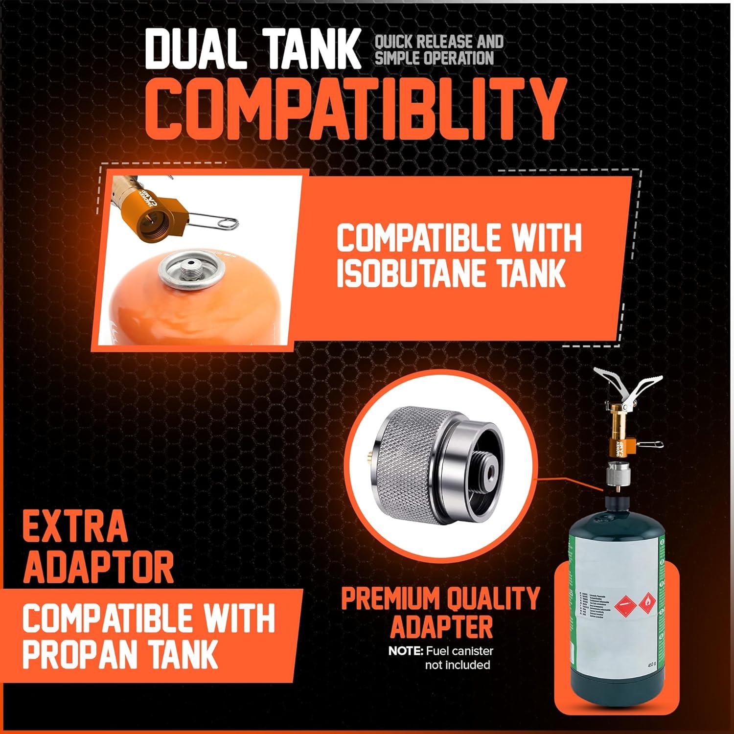 Mini 3000W Camping Stove, Ultralight Backpacking Camp Stove with a Carrying Case and an Additional Adapter, Compatable with Isobutane and Propane Tanks, Portable and Collapsible.