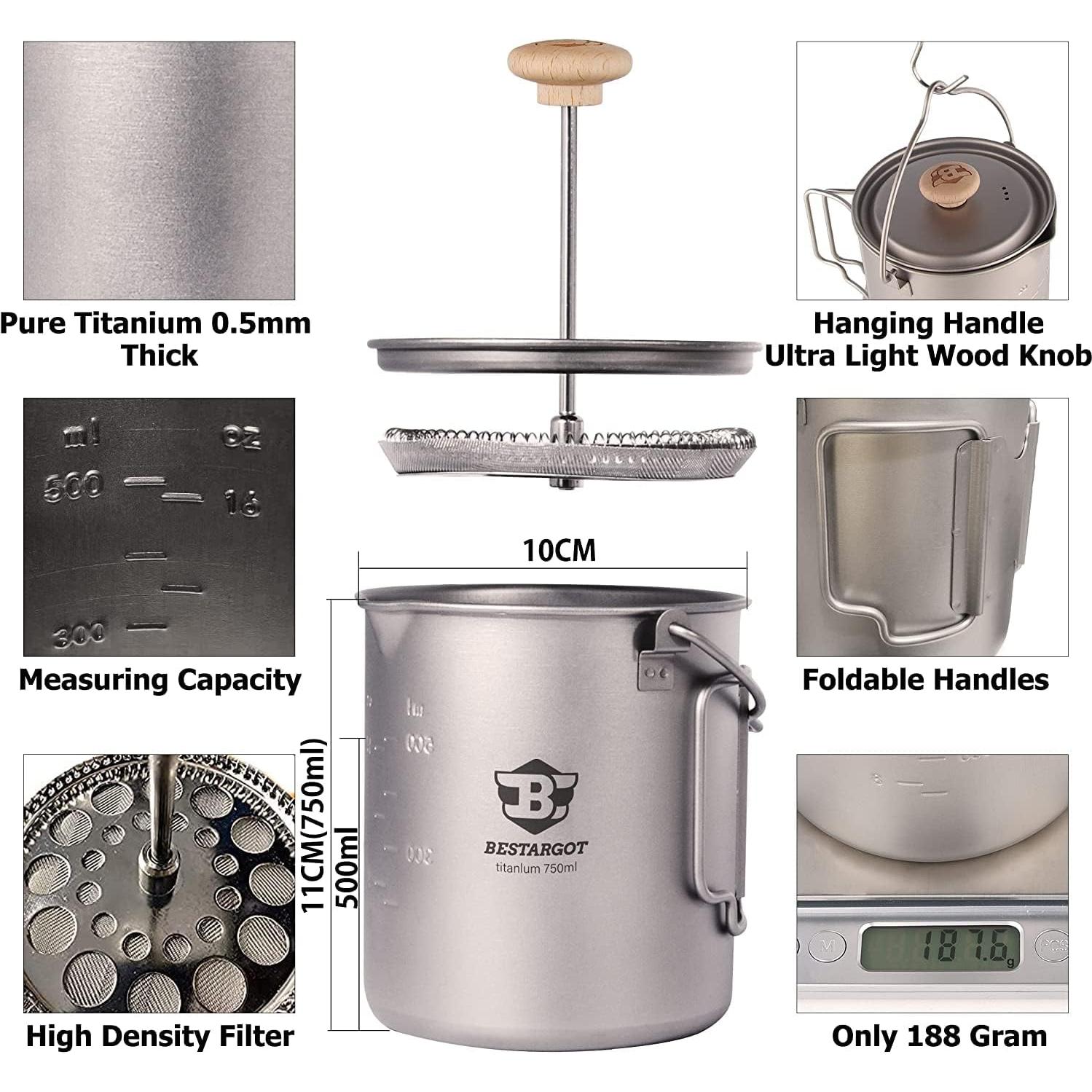 Olla de Camping Titanio Bestargot 750ml Prensa Francesa Portátil