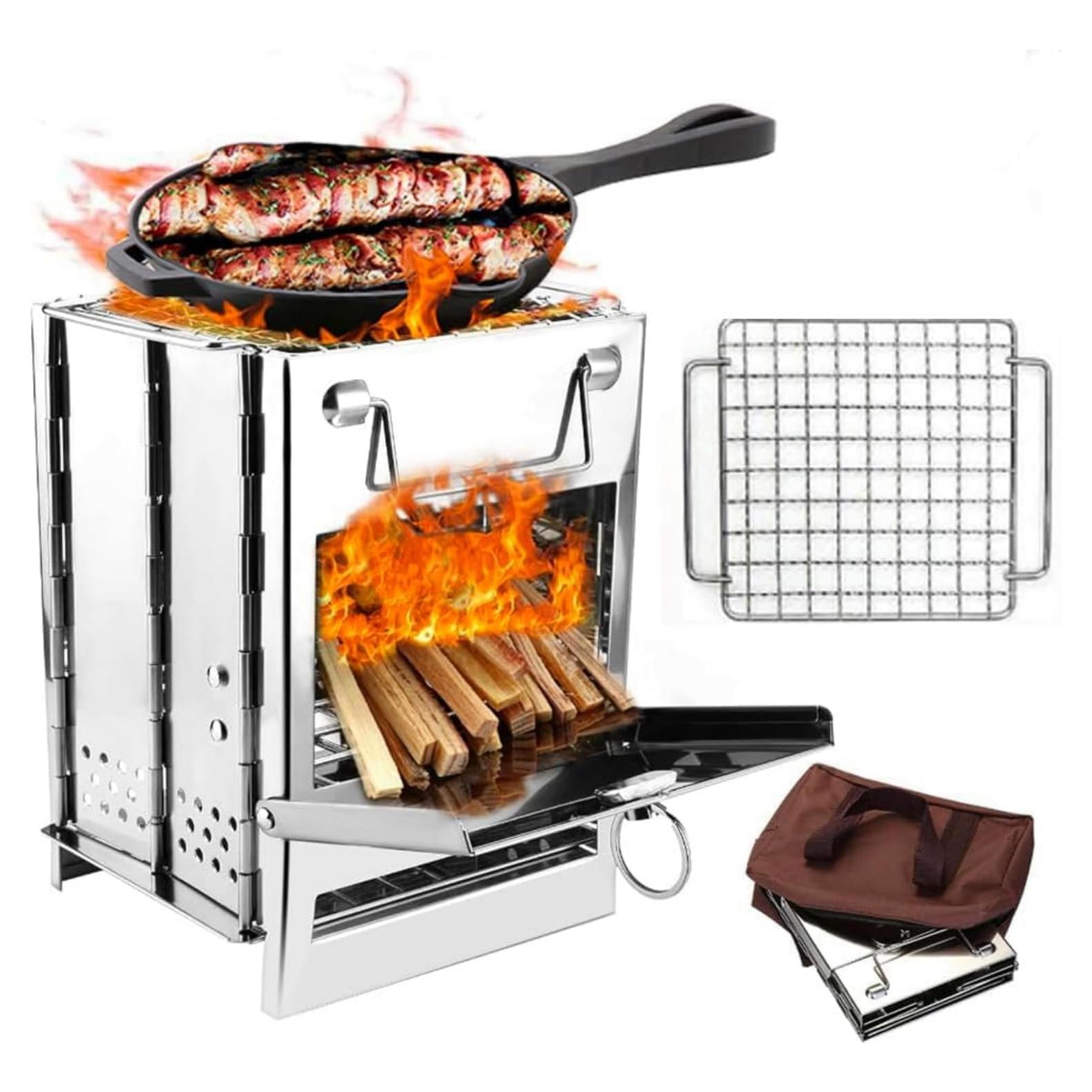 Camping Wood Burning Stove with Carry Bag,Foldable Camp Stove,Stainless Steel Collapsible Backpacking Survival Stove,Campfire Stove,Outdoor Folding Lightweight Stove for BBQ,Cooking,Picnic,Hiking