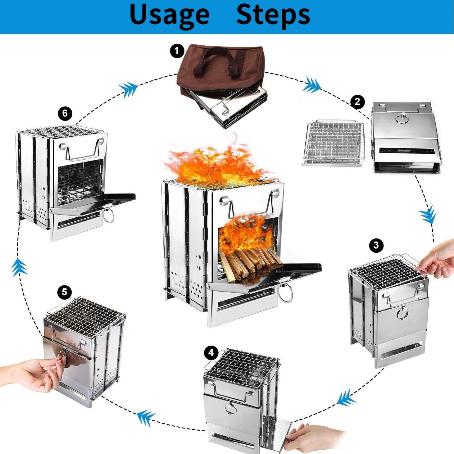 Camping Wood Burning Stove with Carry Bag,Foldable Camp Stove,Stainless Steel Collapsible Backpacking Survival Stove,Campfire Stove,Outdoor Folding Lightweight Stove for BBQ,Cooking,Picnic,Hiking