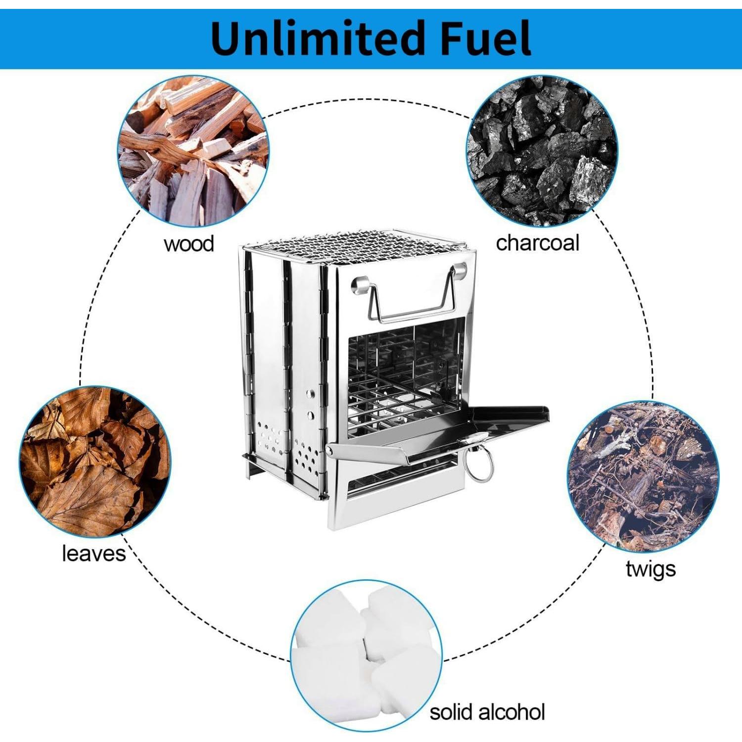 Camping Wood Burning Stove with Carry Bag,Foldable Camp Stove,Stainless Steel Collapsible Backpacking Survival Stove,Campfire Stove,Outdoor Folding Lightweight Stove for BBQ,Cooking,Picnic,Hiking