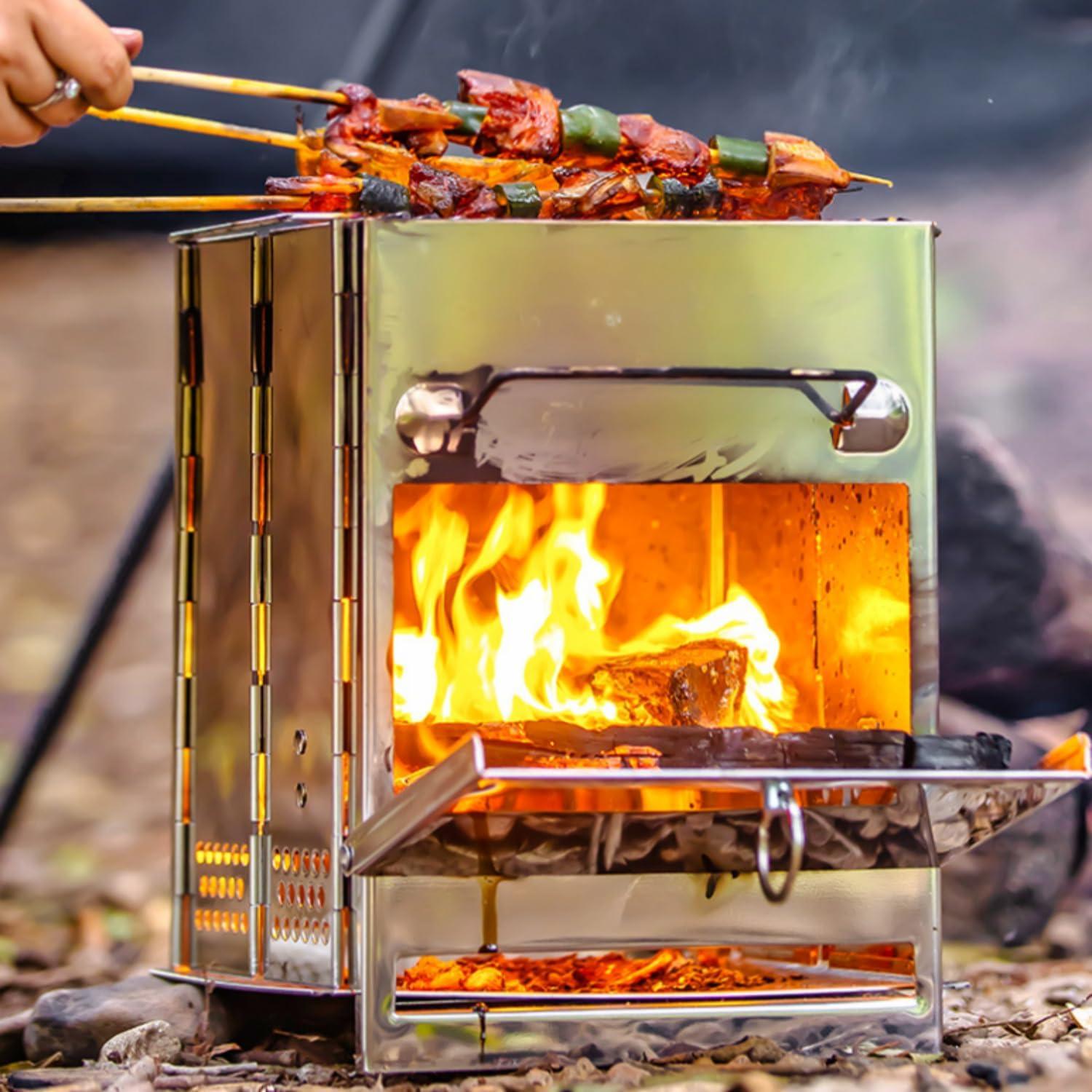 Camping Wood Burning Stove with Carry Bag,Foldable Camp Stove,Stainless Steel Collapsible Backpacking Survival Stove,Campfire Stove,Outdoor Folding Lightweight Stove for BBQ,Cooking,Picnic,Hiking