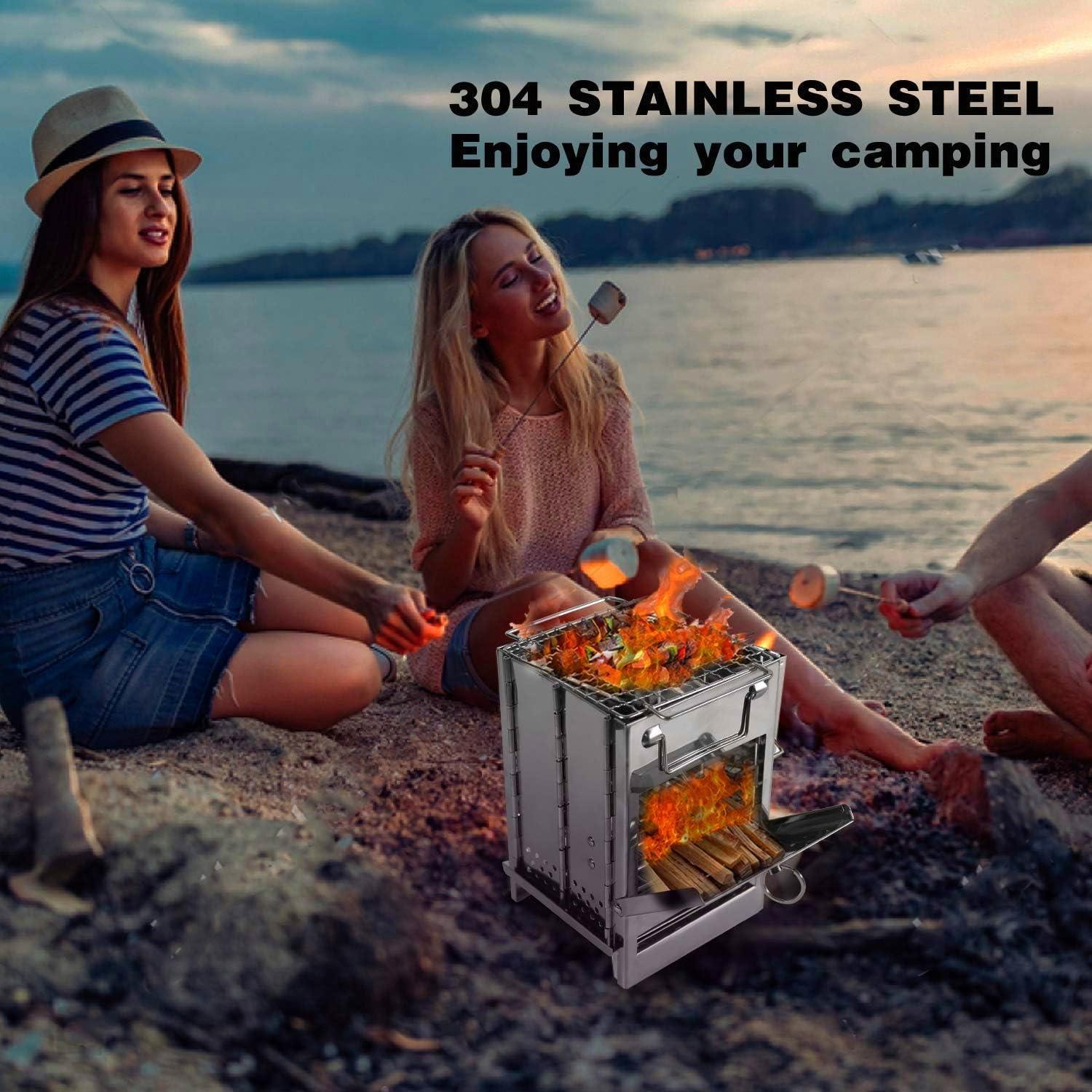 Camping Wood Burning Stove with Carry Bag,Foldable Camp Stove,Stainless Steel Collapsible Backpacking Survival Stove,Campfire Stove,Outdoor Folding Lightweight Stove for BBQ,Cooking,Picnic,Hiking