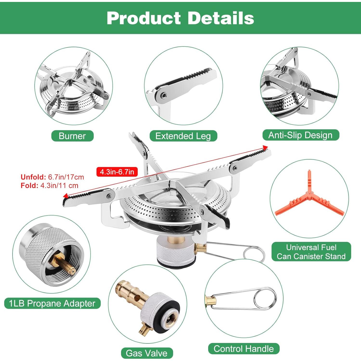 Estufa de Camping Portátil WADEO con Adaptador de Propano 1LB