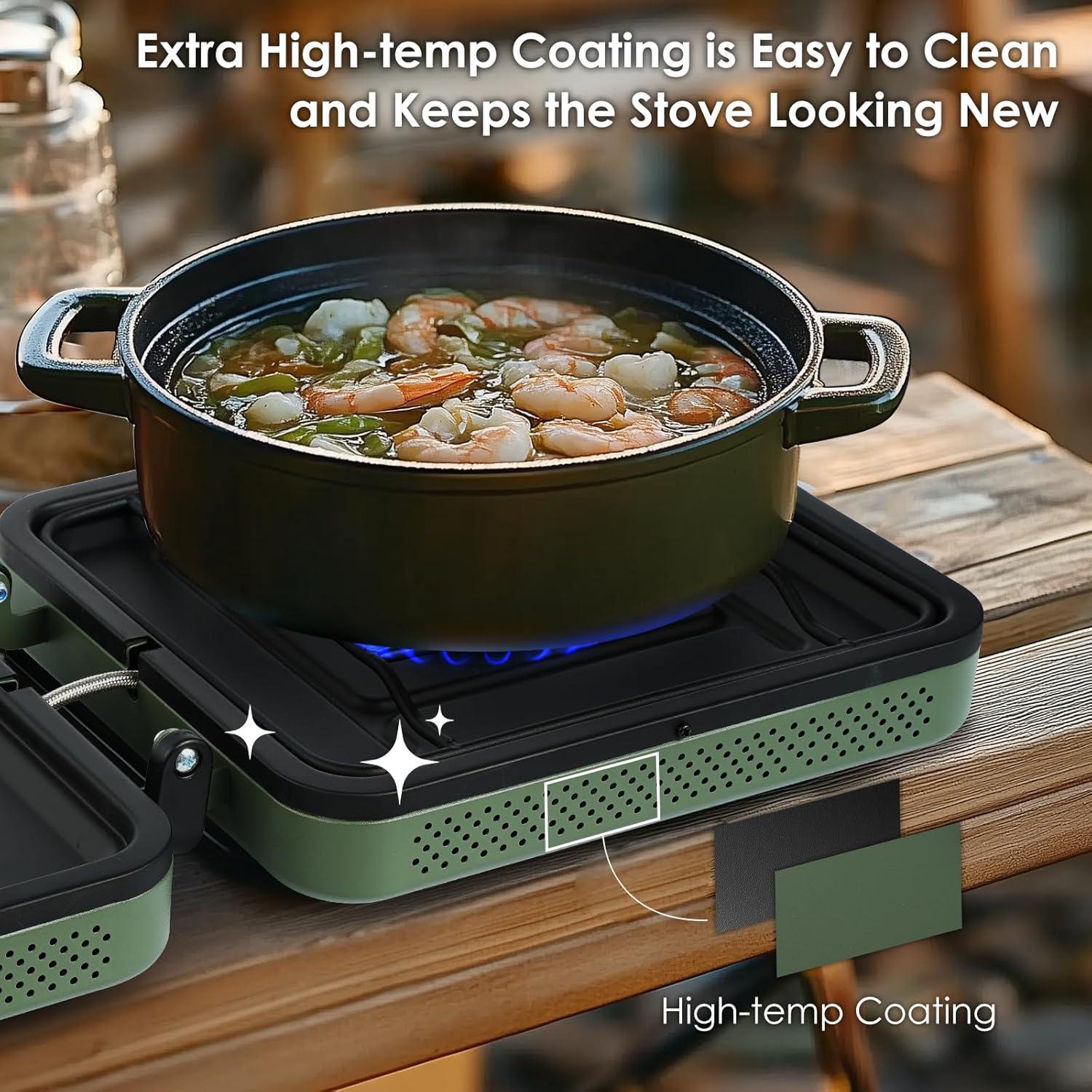 2 Burner Camping Stove with Carrying Bag, Foldable Propane Camp Stove with 17,200 BTU for Camping, Portable Gas Stove with Adjustable Burner for Tailgating, Backyard BBQ,Green