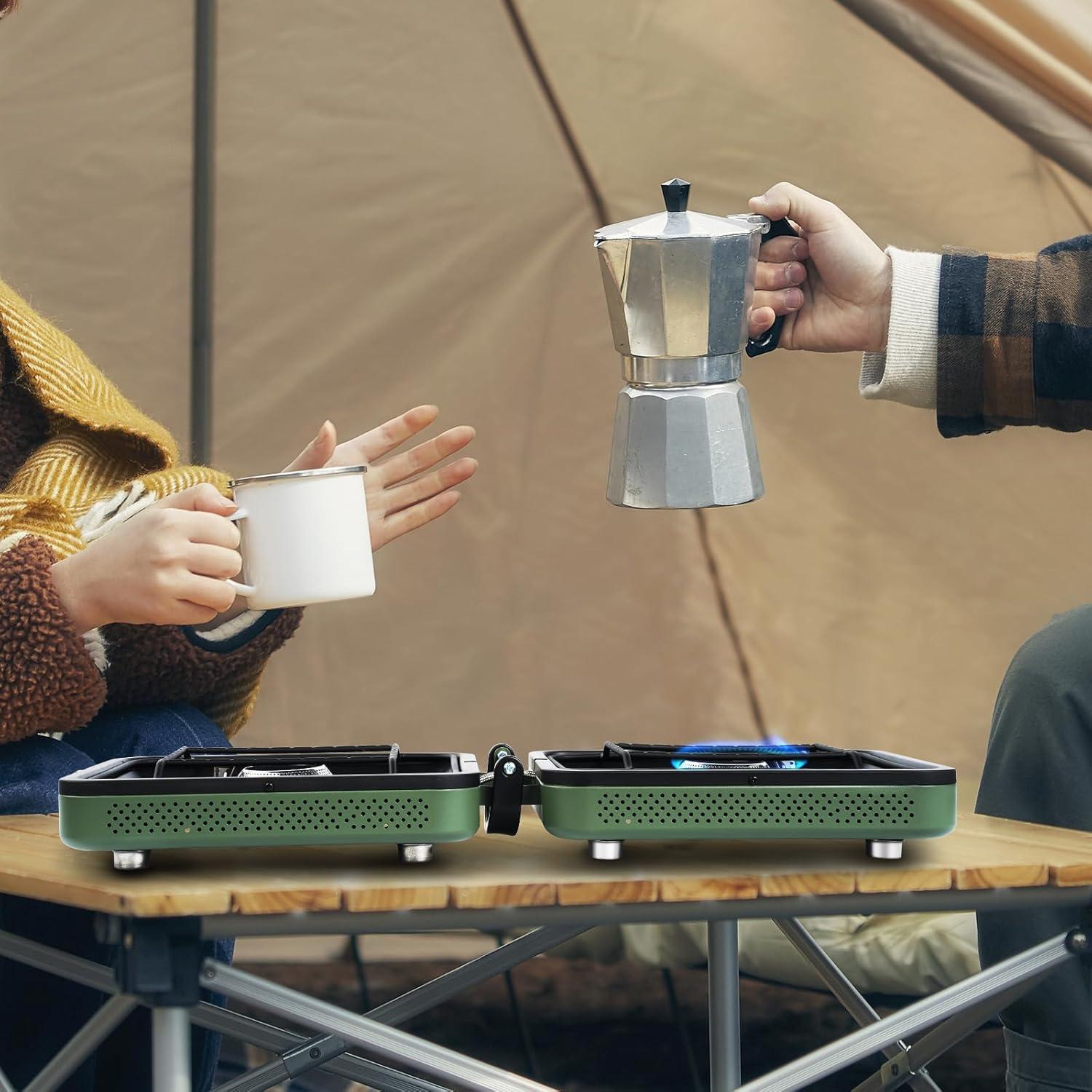 2 Burner Camping Stove with Carrying Bag, Foldable Propane Camp Stove with 17,200 BTU for Camping, Portable Gas Stove with Adjustable Burner for Tailgating, Backyard BBQ,Green