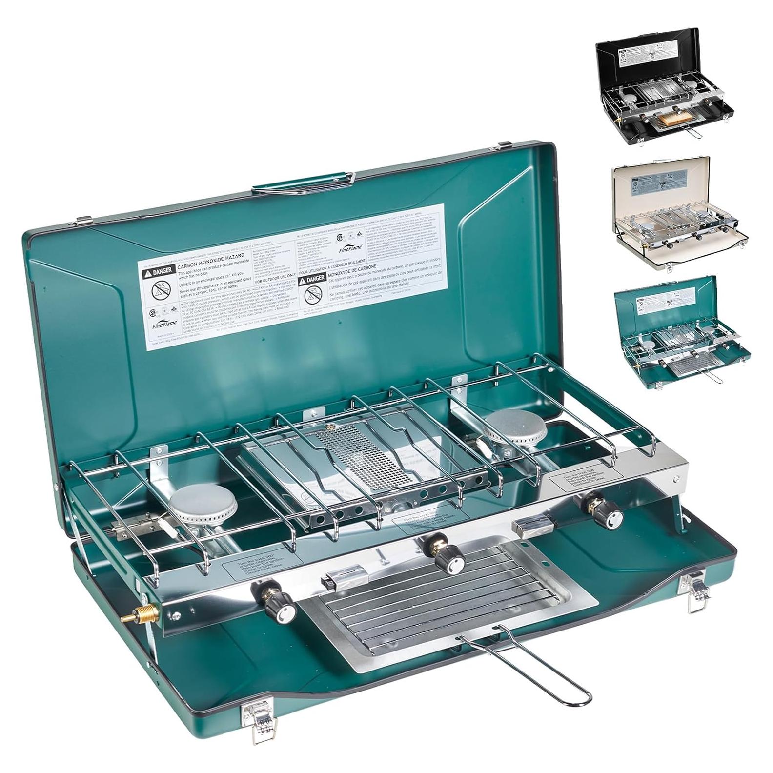 Camping Stove, 3 Burners Propane Portable Camp Stove with Regulator, Push-Button Instant Ignition, Adjustable Burners & Wind Guards for Car BBQ Picnics Outdoor Cooking (GREEN-20400 BTUs)