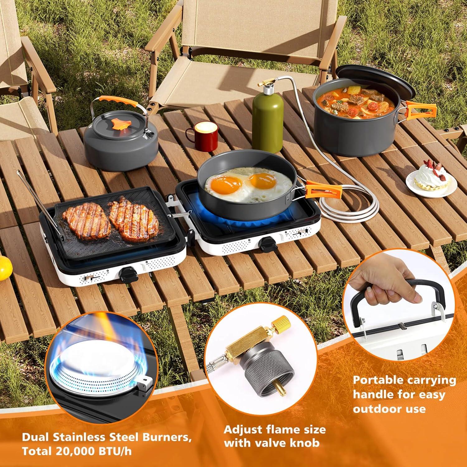 Estufa de Camping Portátil Hisencn 2 Quemadores 20000 BTU