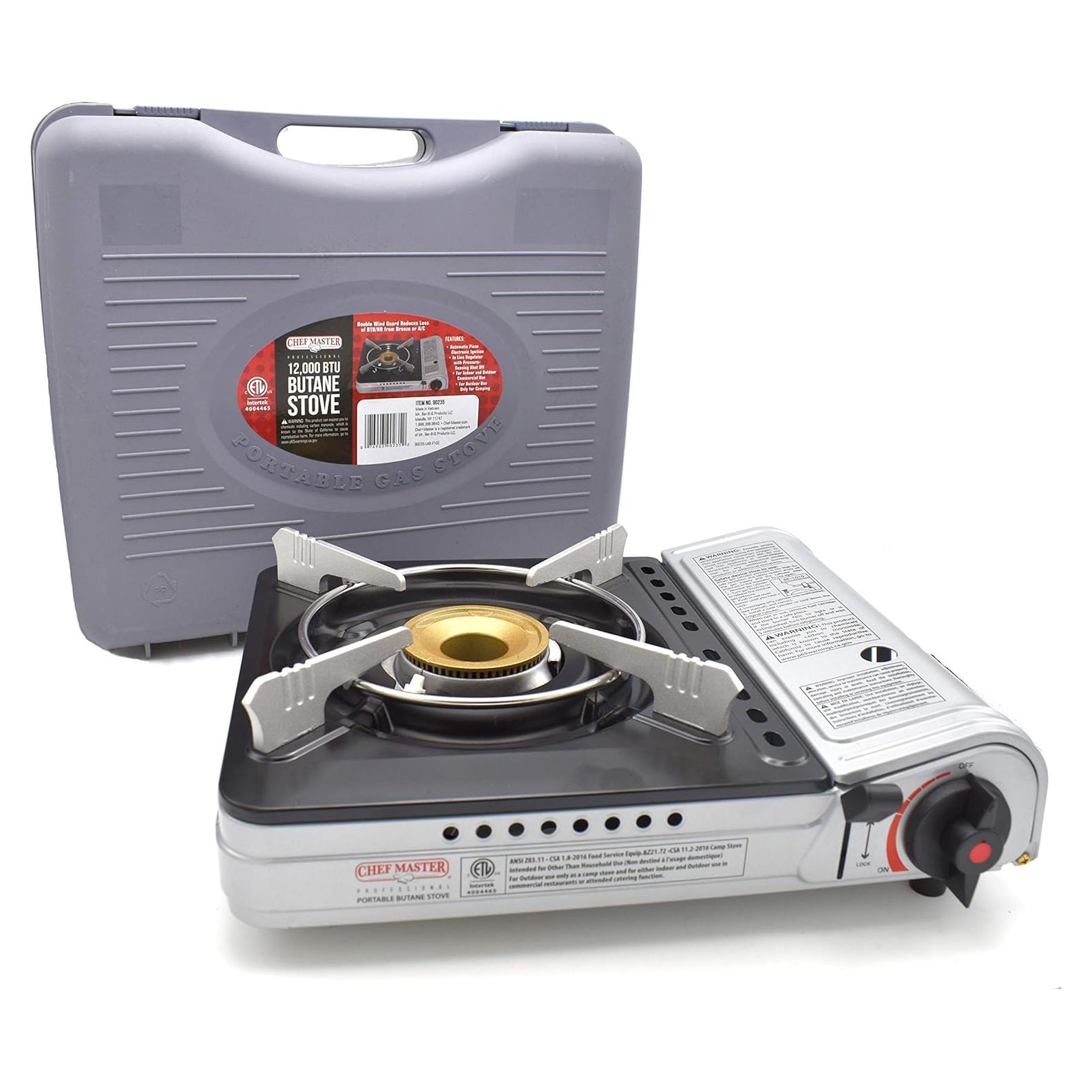 Chef Master 12,000 BTU Portable Butane Stove - Gas Burner for Camping & Outdoor Cooking - Countertop Cooktop with Carry Case, Wind Guard & Electronic Ignition - Portable Cooker & Burner Stove – 90235