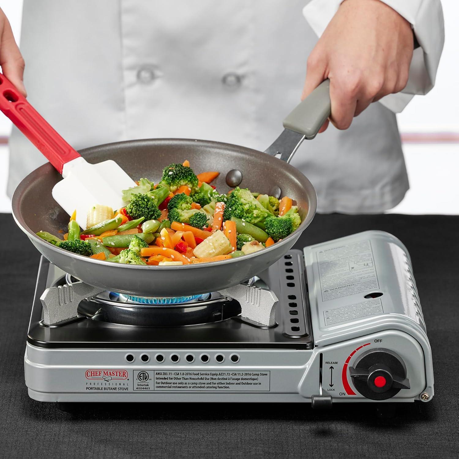 Chef Master 12,000 BTU Portable Butane Stove - Gas Burner for Camping & Outdoor Cooking - Countertop Cooktop with Carry Case, Wind Guard & Electronic Ignition - Portable Cooker & Burner Stove – 90235