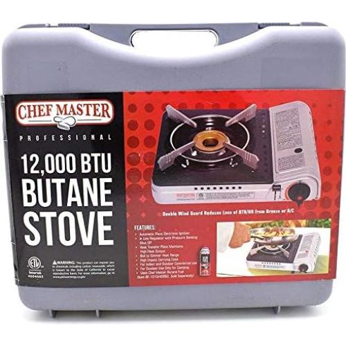 Chef Master 12,000 BTU Portable Butane Stove - Gas Burner for Camping & Outdoor Cooking - Countertop Cooktop with Carry Case, Wind Guard & Electronic Ignition - Portable Cooker & Burner Stove – 90235