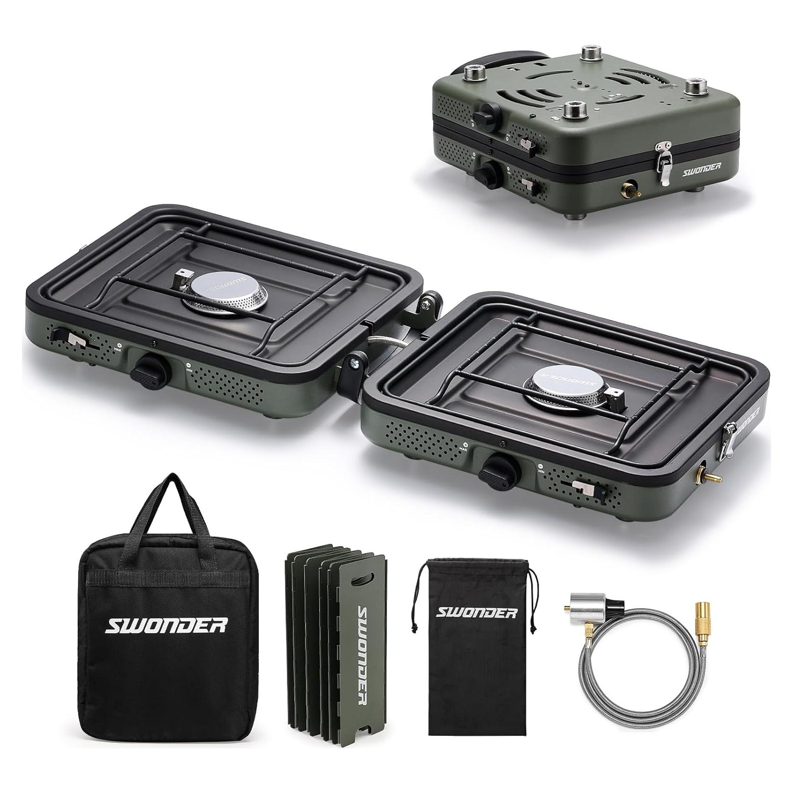 Swonder Portable 2-Burner Camping Stove with Windscreen - 17,500 BTU Propane Stove, Foldable Design, Adjustable Flame Control, Stainless Steel Construction, Includes Waterproof Carry Bag