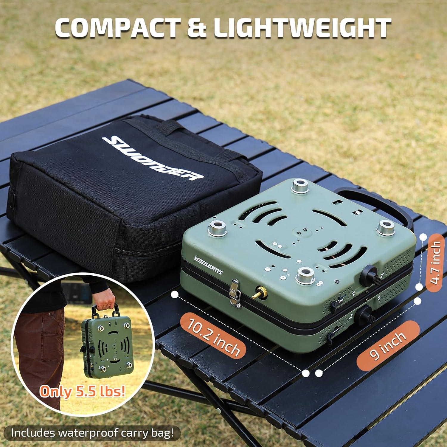 Swonder Portable 2-Burner Camping Stove with Windscreen - 17,500 BTU Propane Stove, Foldable Design, Adjustable Flame Control, Stainless Steel Construction, Includes Waterproof Carry Bag