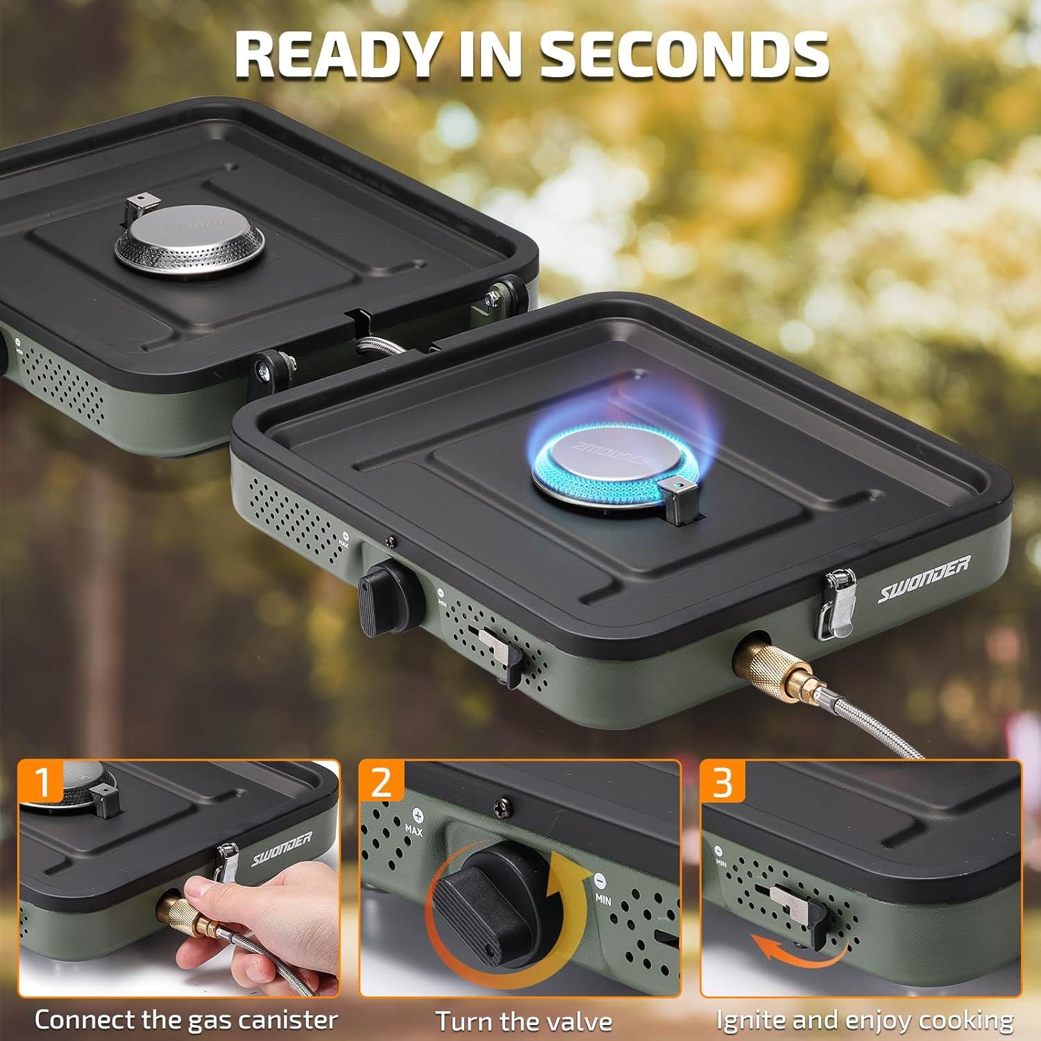 Swonder Portable 2-Burner Camping Stove with Windscreen - 17,500 BTU Propane Stove, Foldable Design, Adjustable Flame Control, Stainless Steel Construction, Includes Waterproof Carry Bag