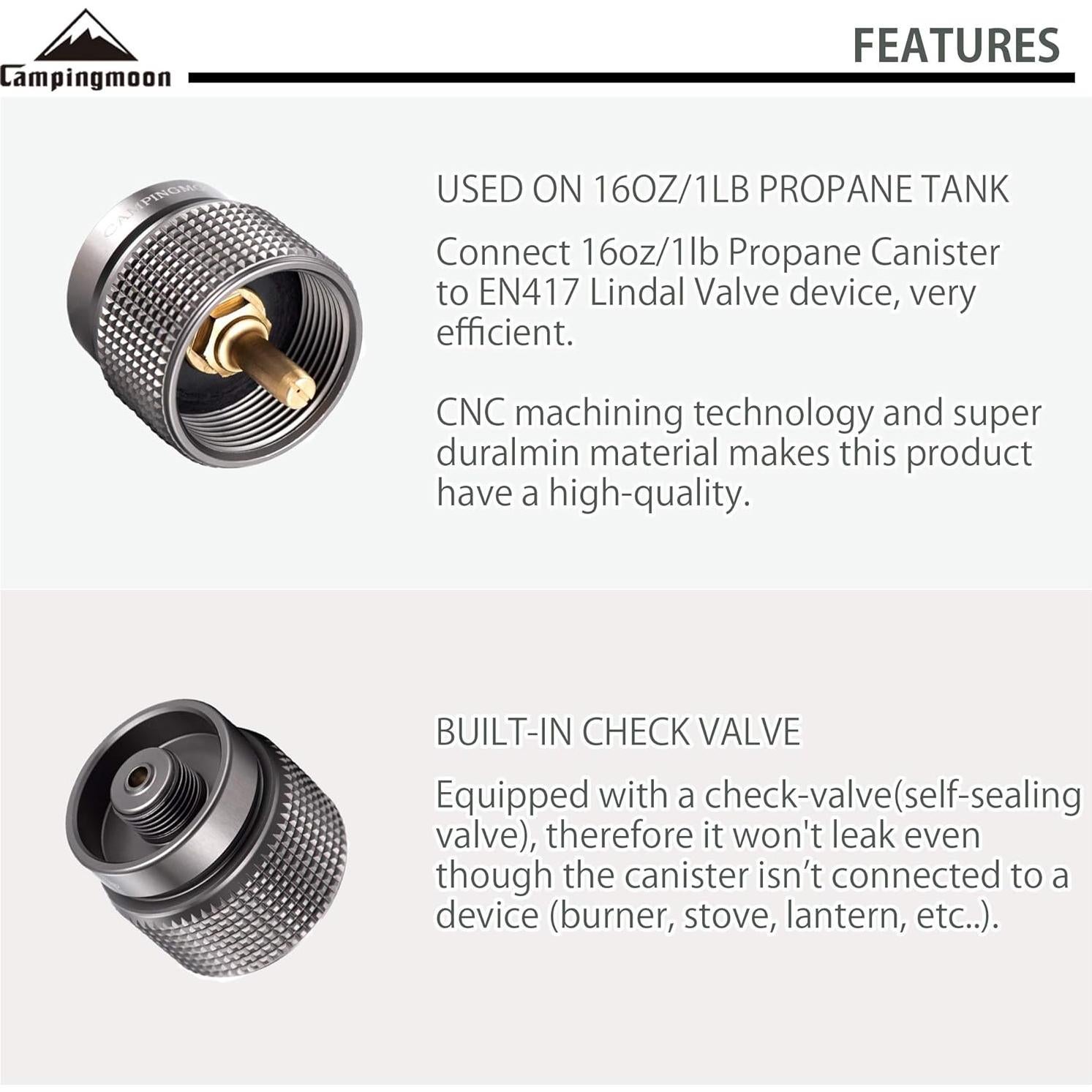 CAMPINGMOON Small Propane to Butane Adapter, Input: 16oz/1Lb small Propane Canister, Output: EN417 Lindal Valve Z22 (Silver)