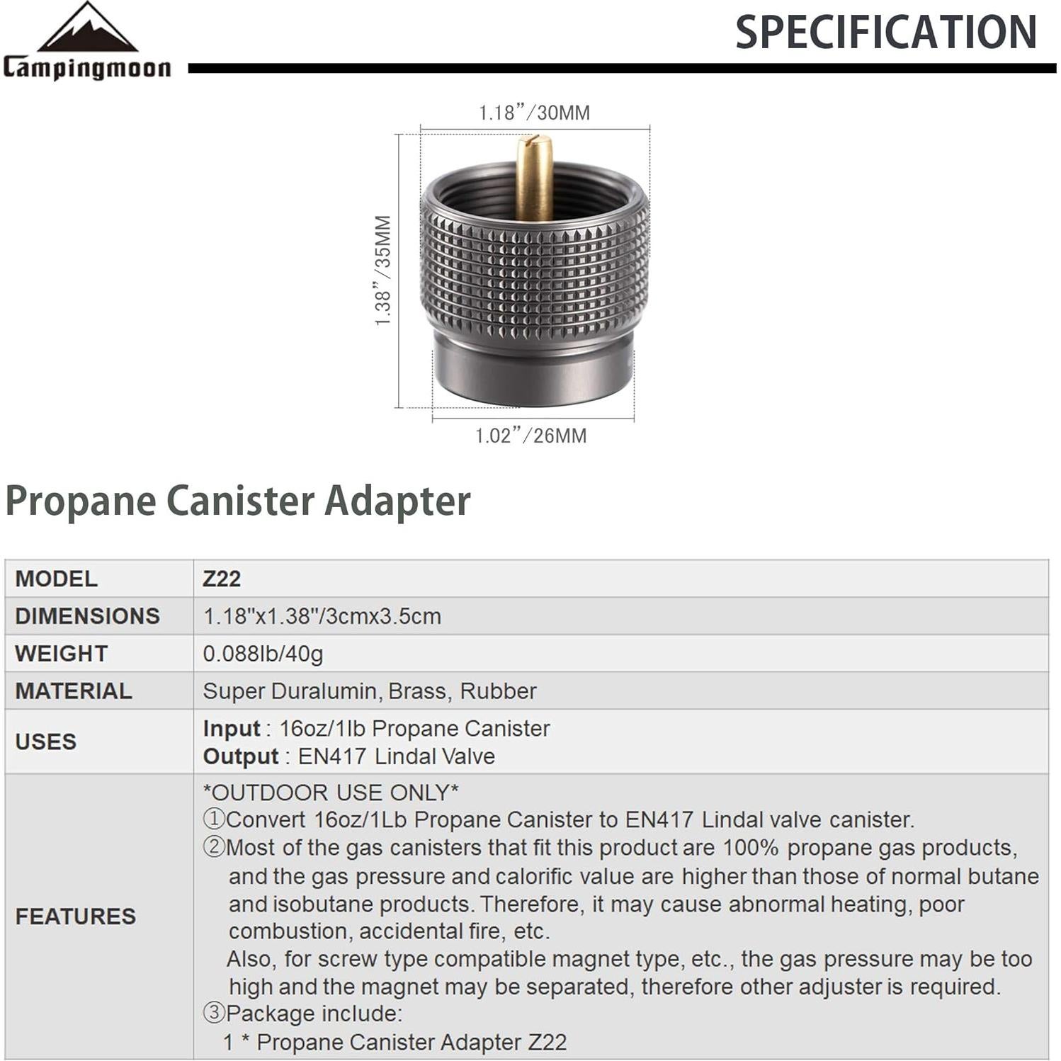 CAMPINGMOON Small Propane to Butane Adapter, Input: 16oz/1Lb small Propane Canister, Output: EN417 Lindal Valve Z22 (Silver)