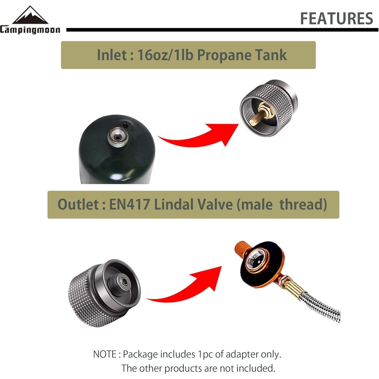 CAMPINGMOON Small Propane to Butane Adapter, Input: 16oz/1Lb small Propane Canister, Output: EN417 Lindal Valve Z22 (Silver)