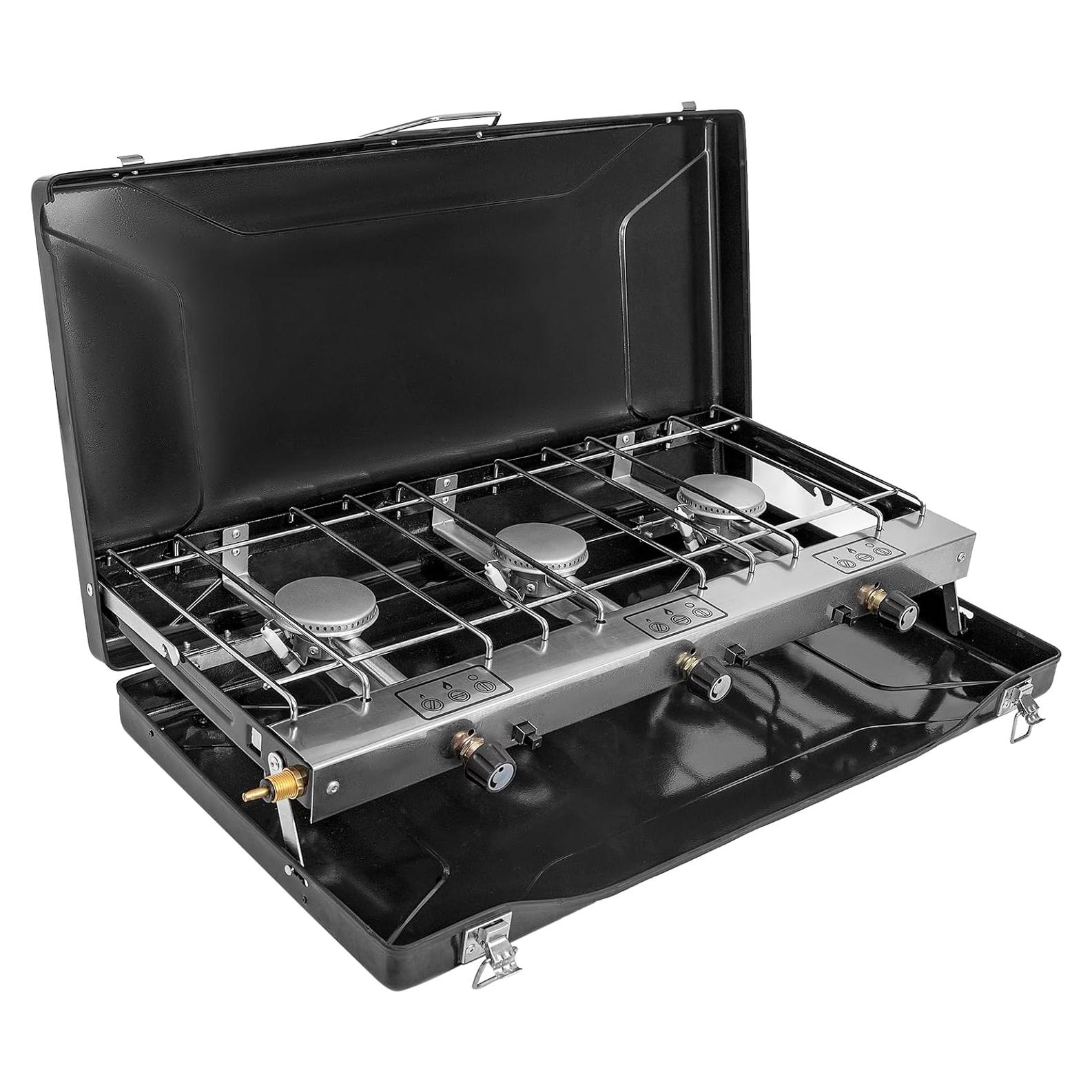 3-Burner Propane Camping Stove 19800 BTUs, Portable Camp Stove with 3 Adjustable Burners and Push-Button Instant Ignition, Portable Camping Grill, Built-in Carrying Handle