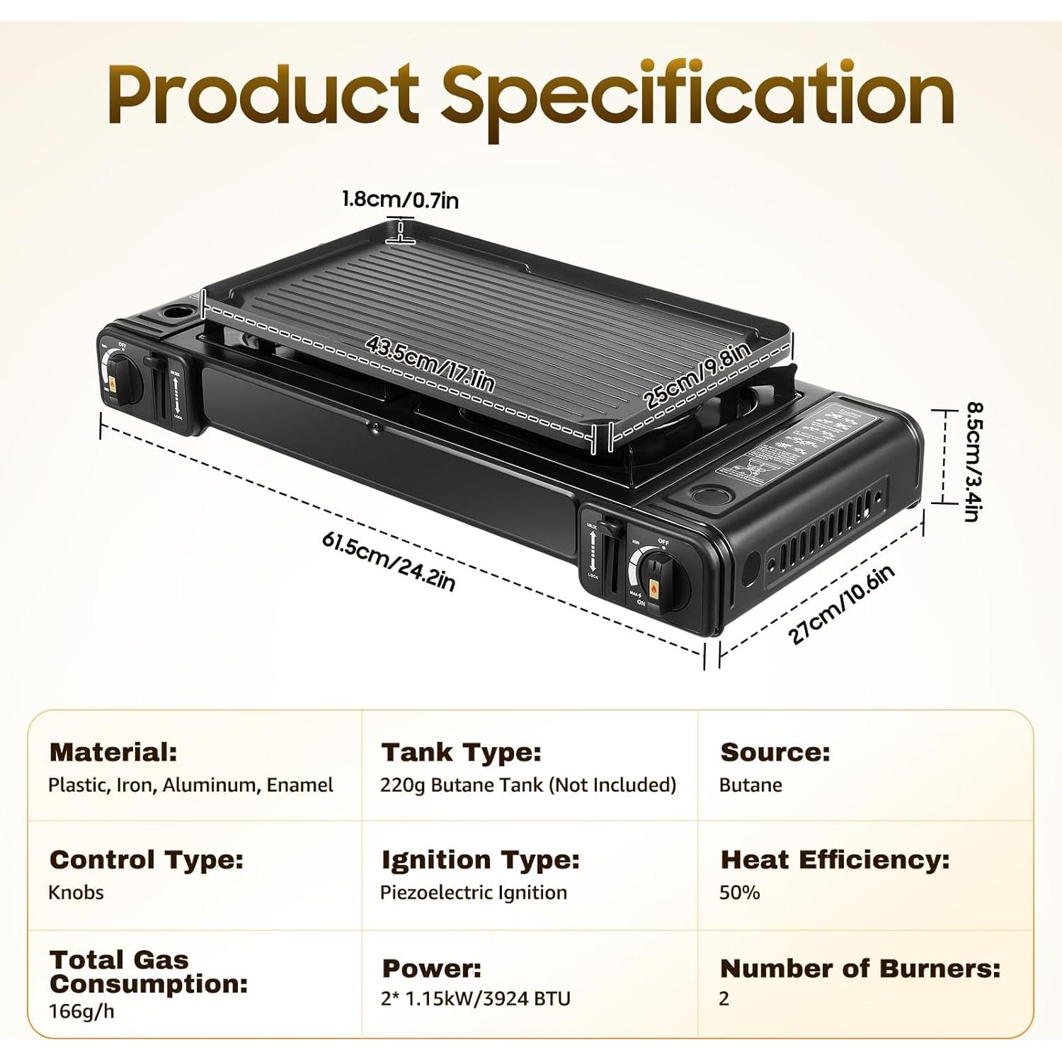 Estufa de Camping Portátil DDBESSIC 2 Quemadores Gas Butano