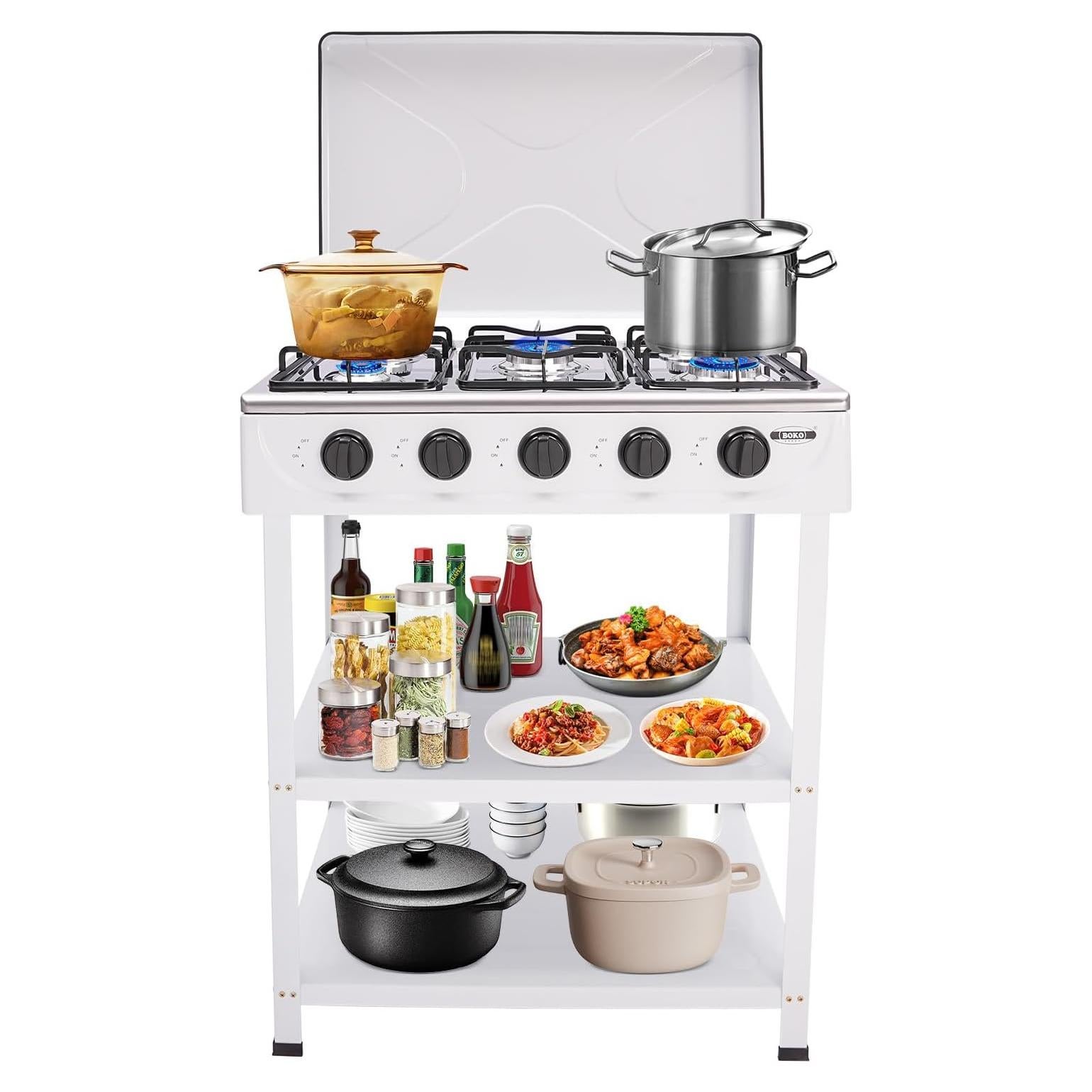 5 Burner Gas Stove Portable Outdoor with Removable Storage Stand, Freestanding Auto Ignition Camping Stove with Wind Blocking & Support Leg, Kitchen Cooking Stove Set for Picnic Home RV (White)