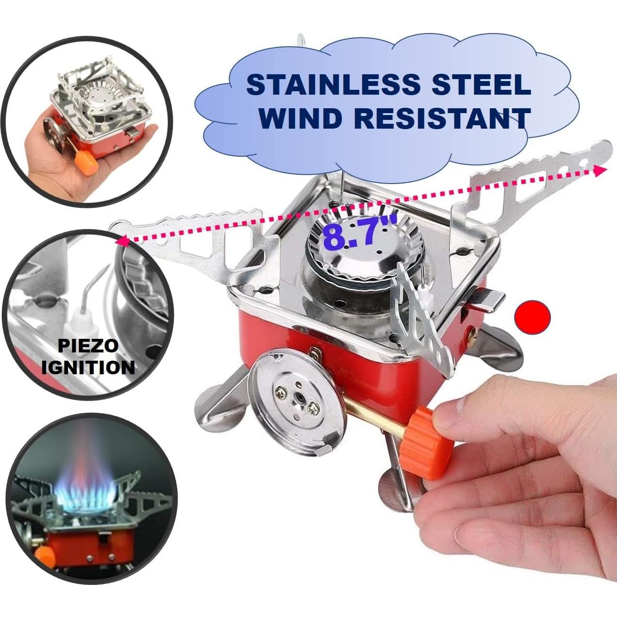 Camping Stove, Backpacking Stove, Foldable, Portable, Lightweight, Piezo Ignition, Single Burner Adjustable, Premium Mini Powerful and Stable Camp Stove for Hiking Picnic, 1+2+1+1pcs