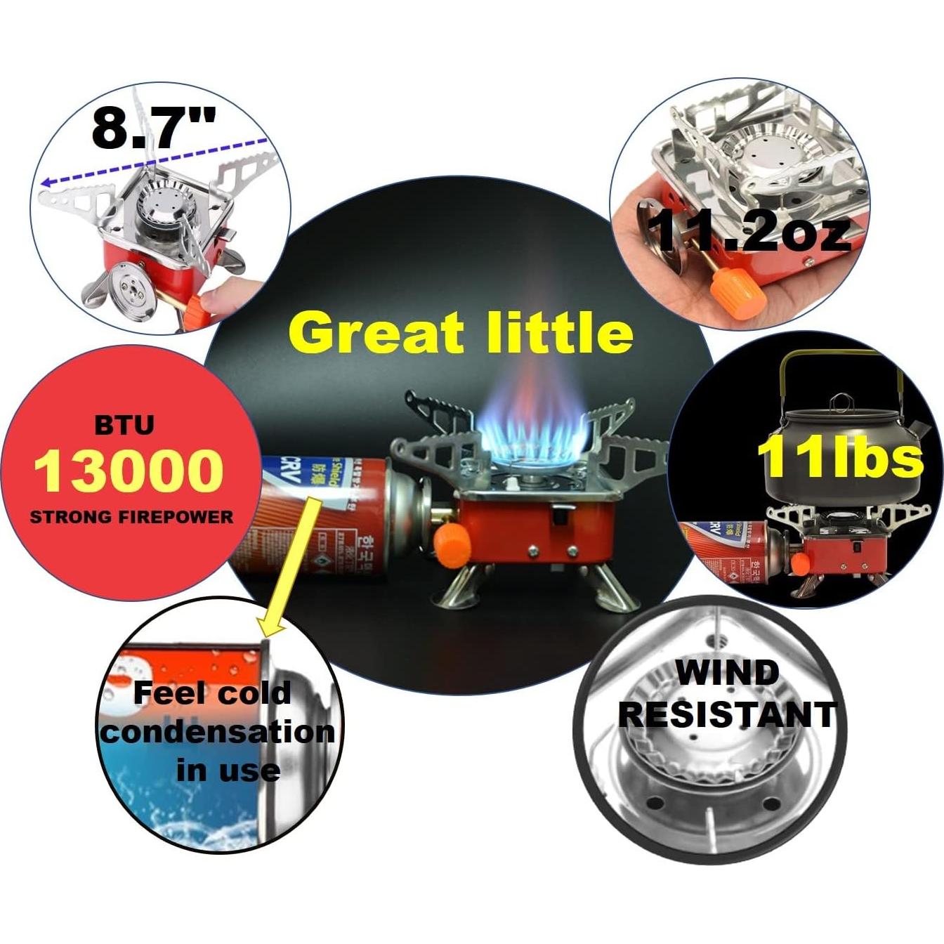 Camping Stove, Backpacking Stove, Foldable, Portable, Lightweight, Piezo Ignition, Single Burner Adjustable, Premium Mini Powerful and Stable Camp Stove for Hiking Picnic, 1+2+1+1pcs