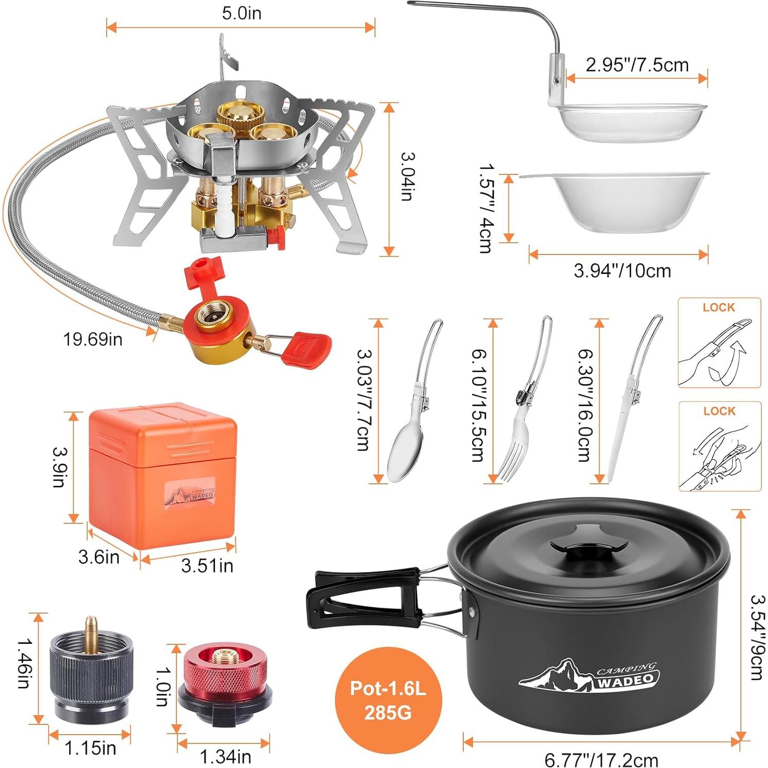 Kit de Cocina para Camping WADEO 14 Piezas Estufa 7200W