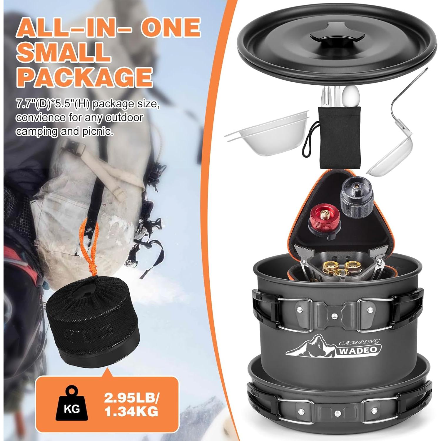 Kit de Cocina para Camping WADEO 14 Piezas Estufa 7200W