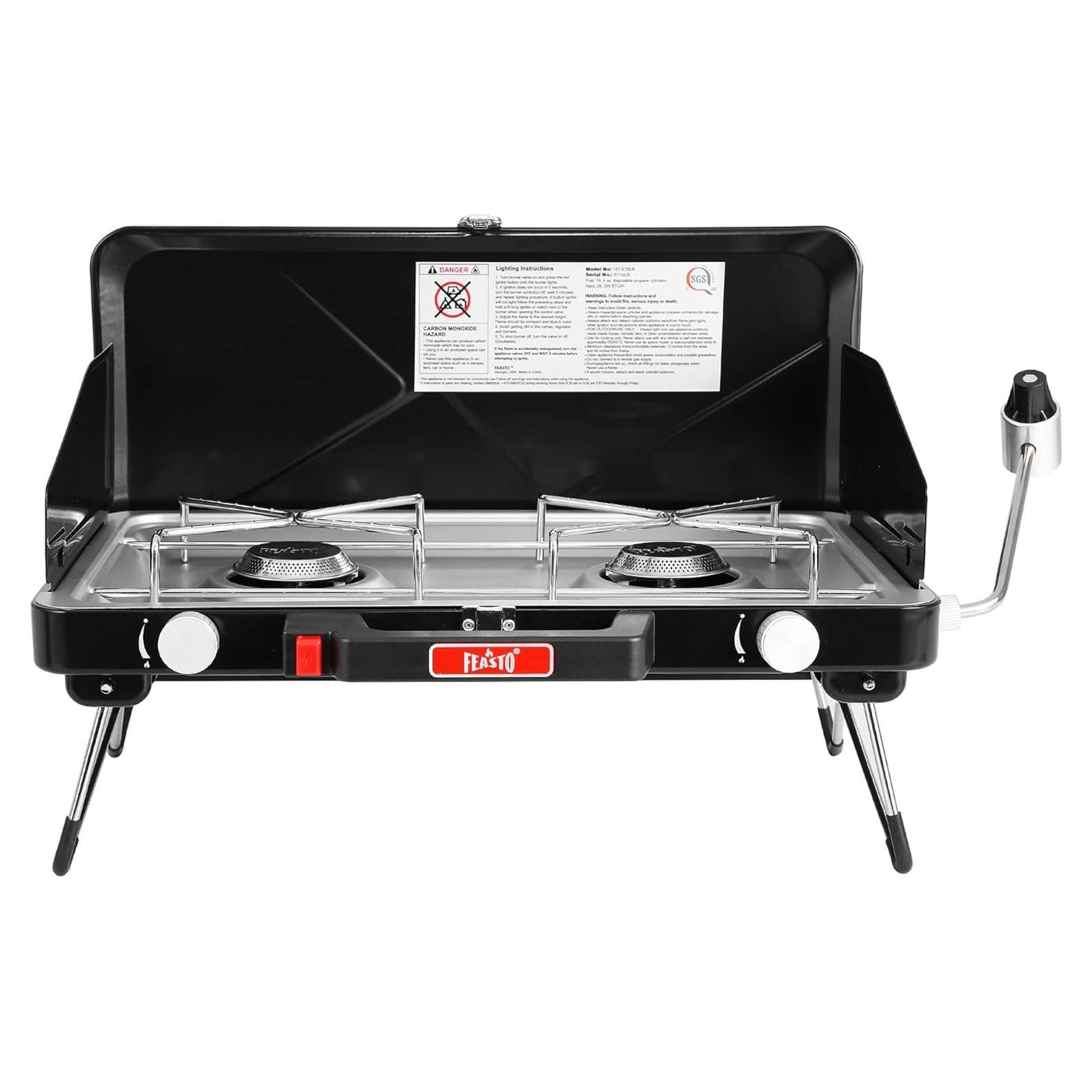 2 Burner Propane Camping Stove with Folding Legs, Outdoor Portable Camp Stove with Push-Button Ignition & Wind Guards for Camping, Tailgating, BBQ, & More, Black