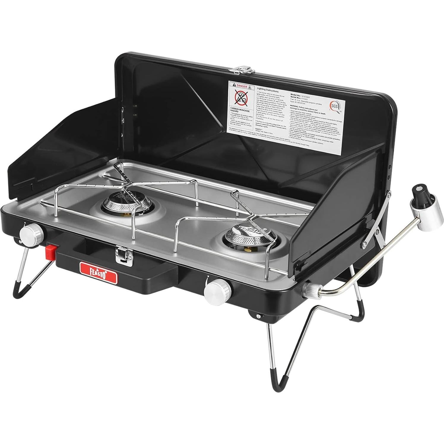 2 Burner Propane Camping Stove with Folding Legs, Outdoor Portable Camp Stove with Push-Button Ignition & Wind Guards for Camping, Tailgating, BBQ, & More, Black