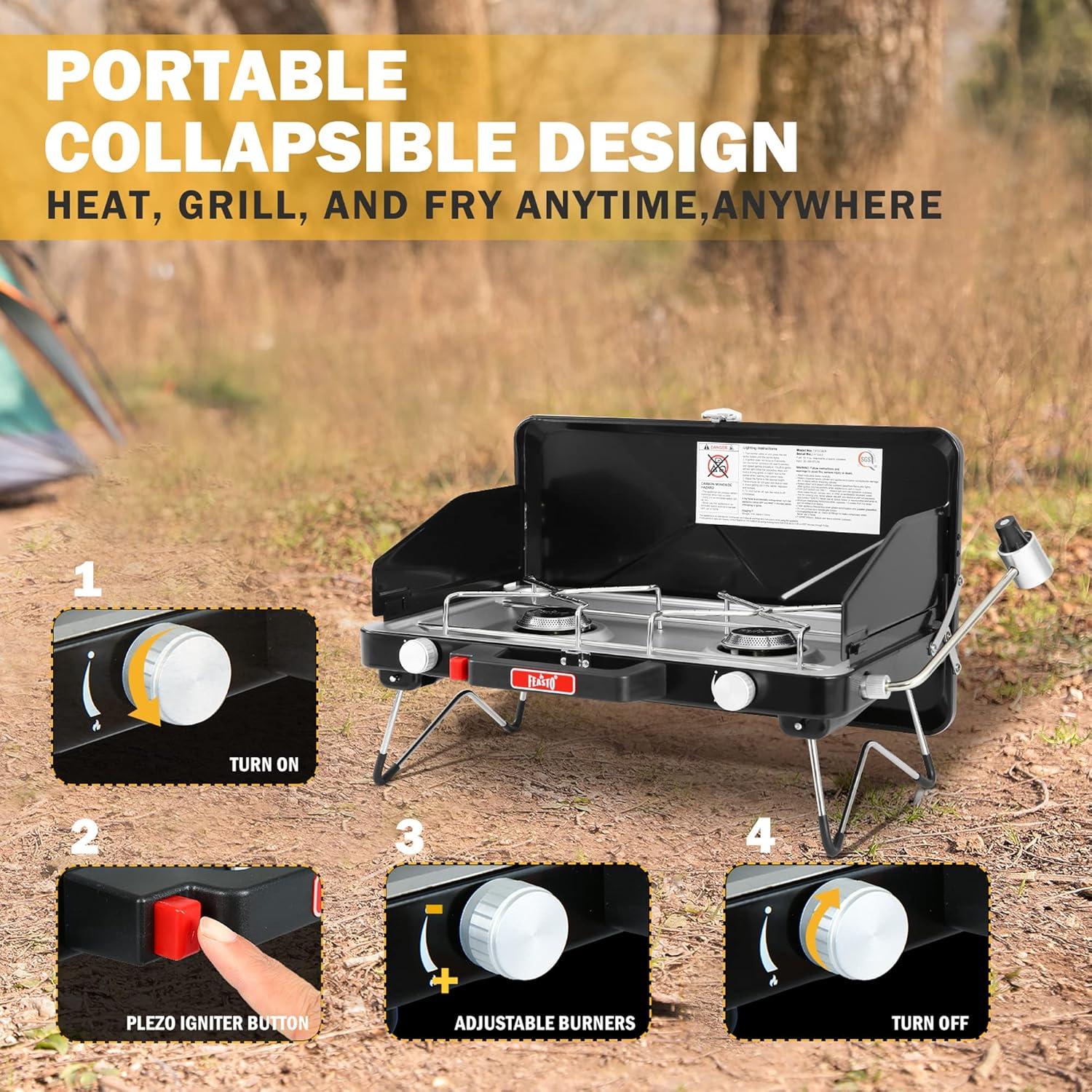 2 Burner Propane Camping Stove with Folding Legs, Outdoor Portable Camp Stove with Push-Button Ignition & Wind Guards for Camping, Tailgating, BBQ, & More, Black