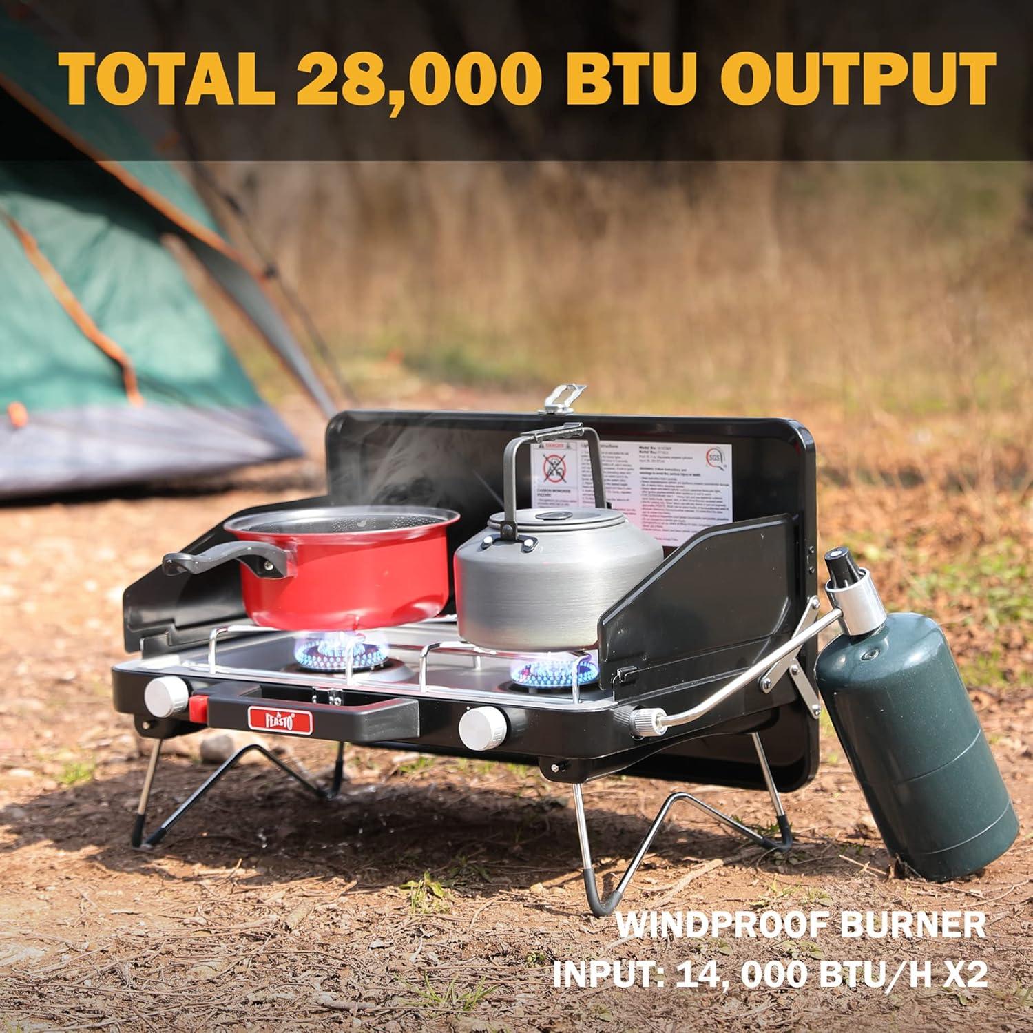 2 Burner Propane Camping Stove with Folding Legs, Outdoor Portable Camp Stove with Push-Button Ignition & Wind Guards for Camping, Tailgating, BBQ, & More, Black