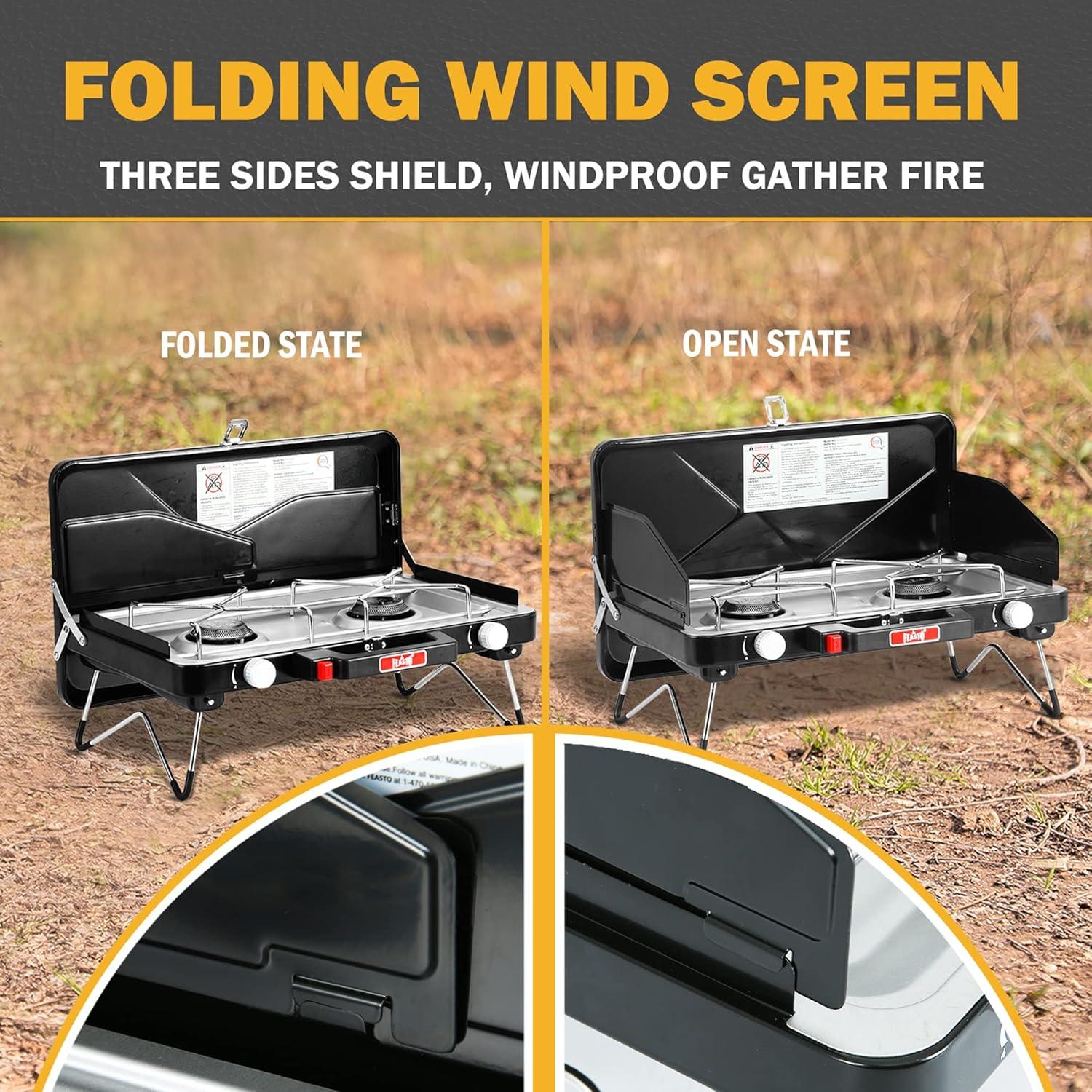 2 Burner Propane Camping Stove with Folding Legs, Outdoor Portable Camp Stove with Push-Button Ignition & Wind Guards for Camping, Tailgating, BBQ, & More, Black