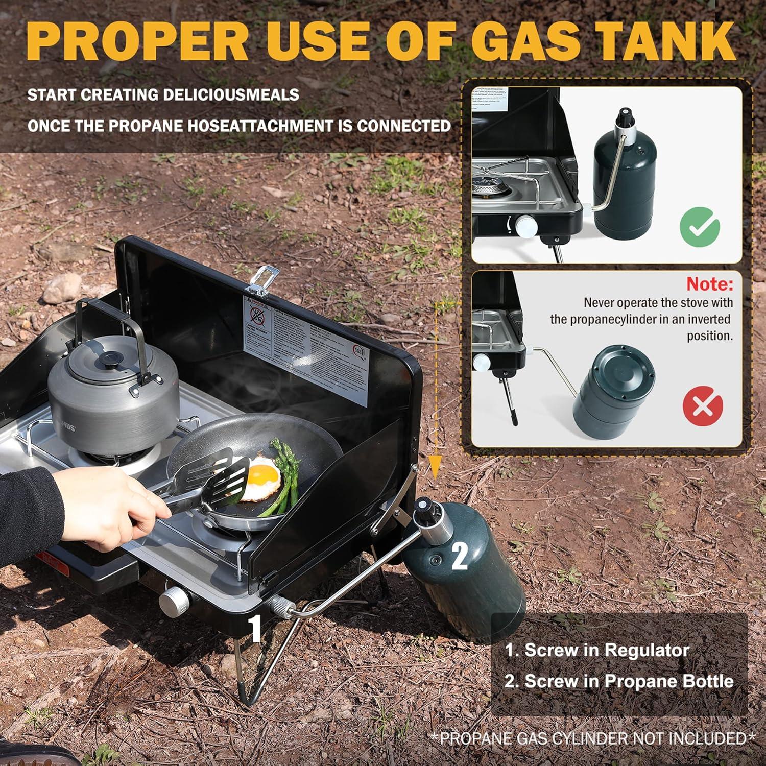 2 Burner Propane Camping Stove with Folding Legs, Outdoor Portable Camp Stove with Push-Button Ignition & Wind Guards for Camping, Tailgating, BBQ, & More, Black