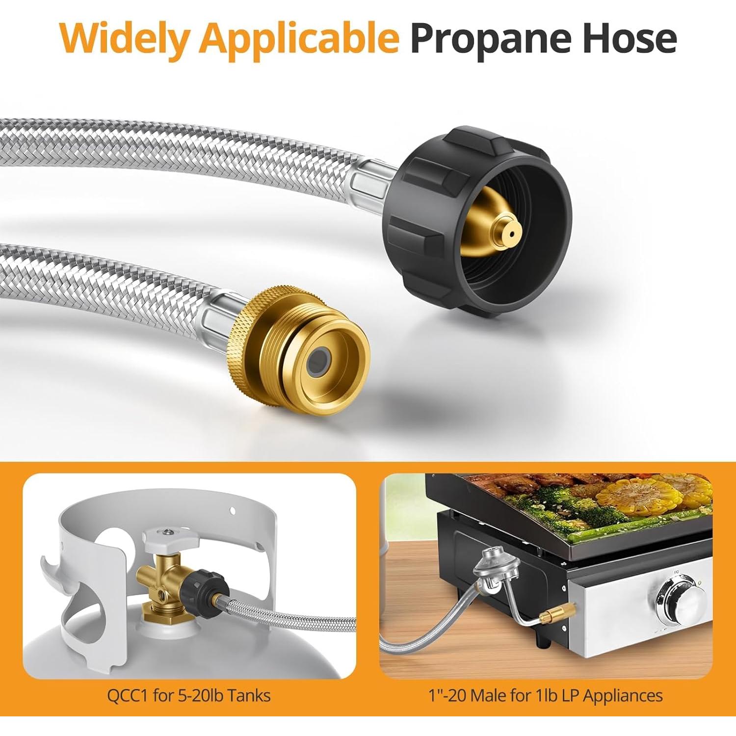Advanced Composite Propane Hose Adapter, 5FT Leak-Proof QCC1 to 1lb Converter for 20lb Tank, Fits Buddy Heater, Coleman Stove, Blackstone Griddle, Weber Q Grill, Flexible & Durable