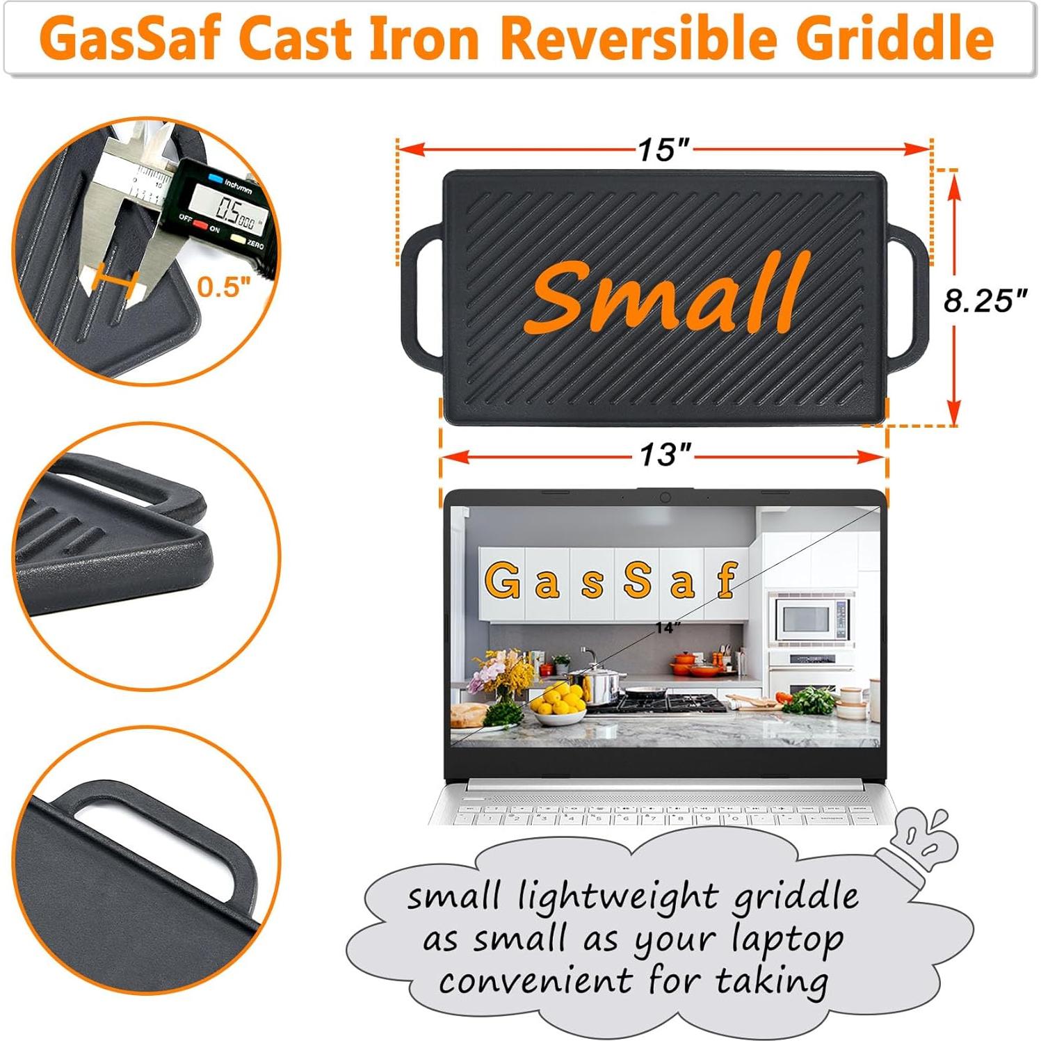 Plancha de Hierro Fundido GasSaf 33x21 cm Reversible para Cocina