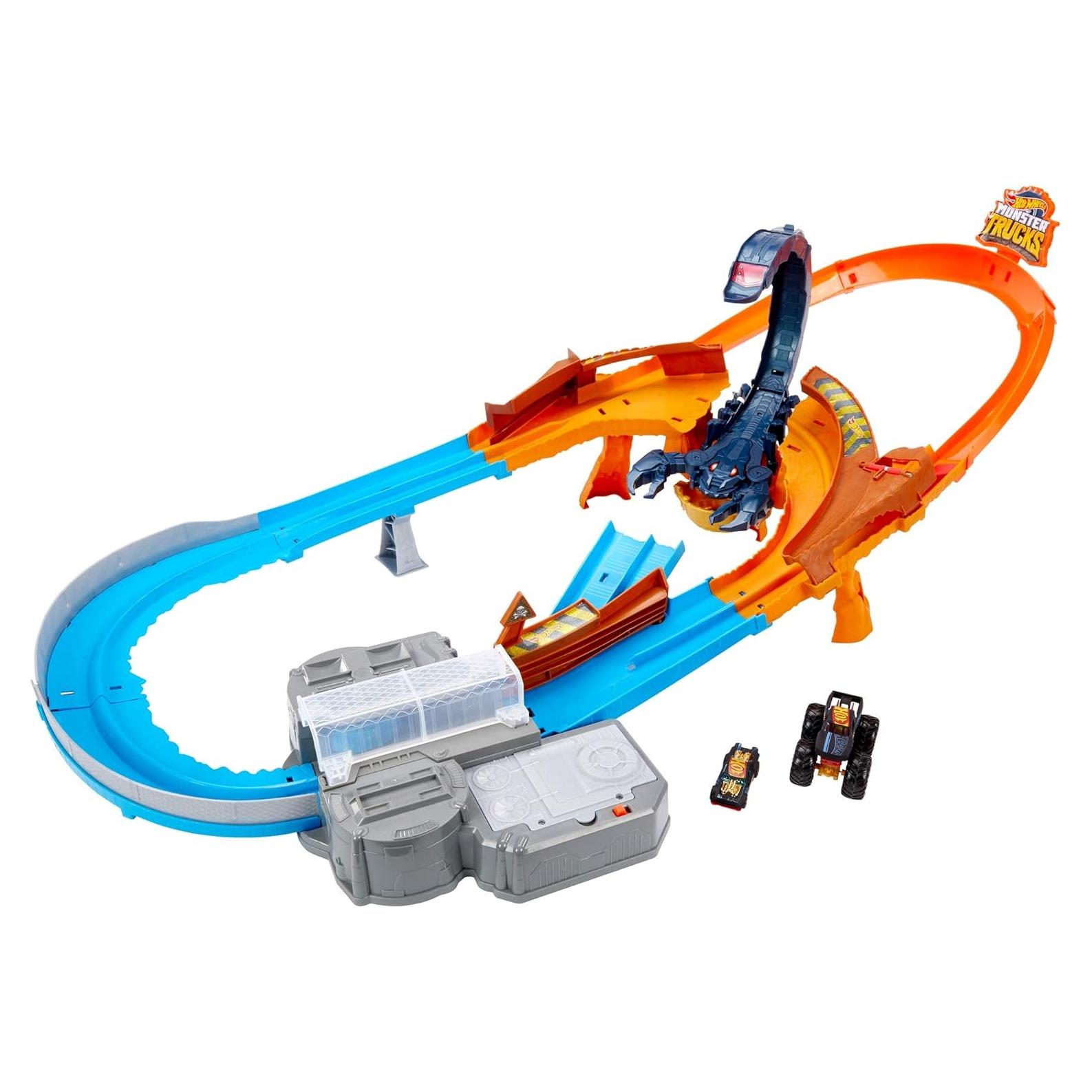 Hot Wheels Monster Trucks Scorpion Sting Raceway 3.5 feet Motorized Track Set with Giant Scorpion, 1:16 scale Monster Truck Podium Crasher & 1 Hot Wheels 1:64 Scale Night Shifter Model