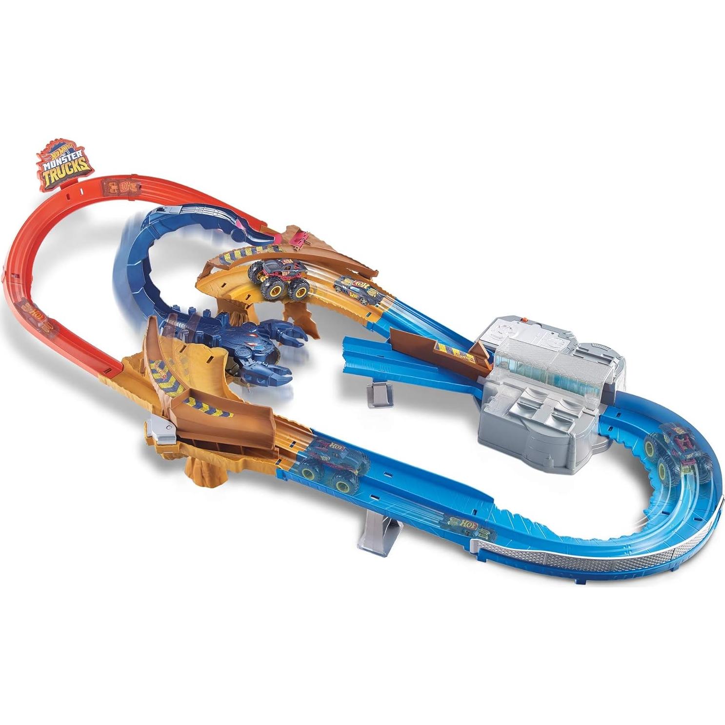 Hot Wheels Monster Trucks Scorpion Sting Raceway 3.5 feet Motorized Track Set with Giant Scorpion, 1:16 scale Monster Truck Podium Crasher & 1 Hot Wheels 1:64 Scale Night Shifter Model
