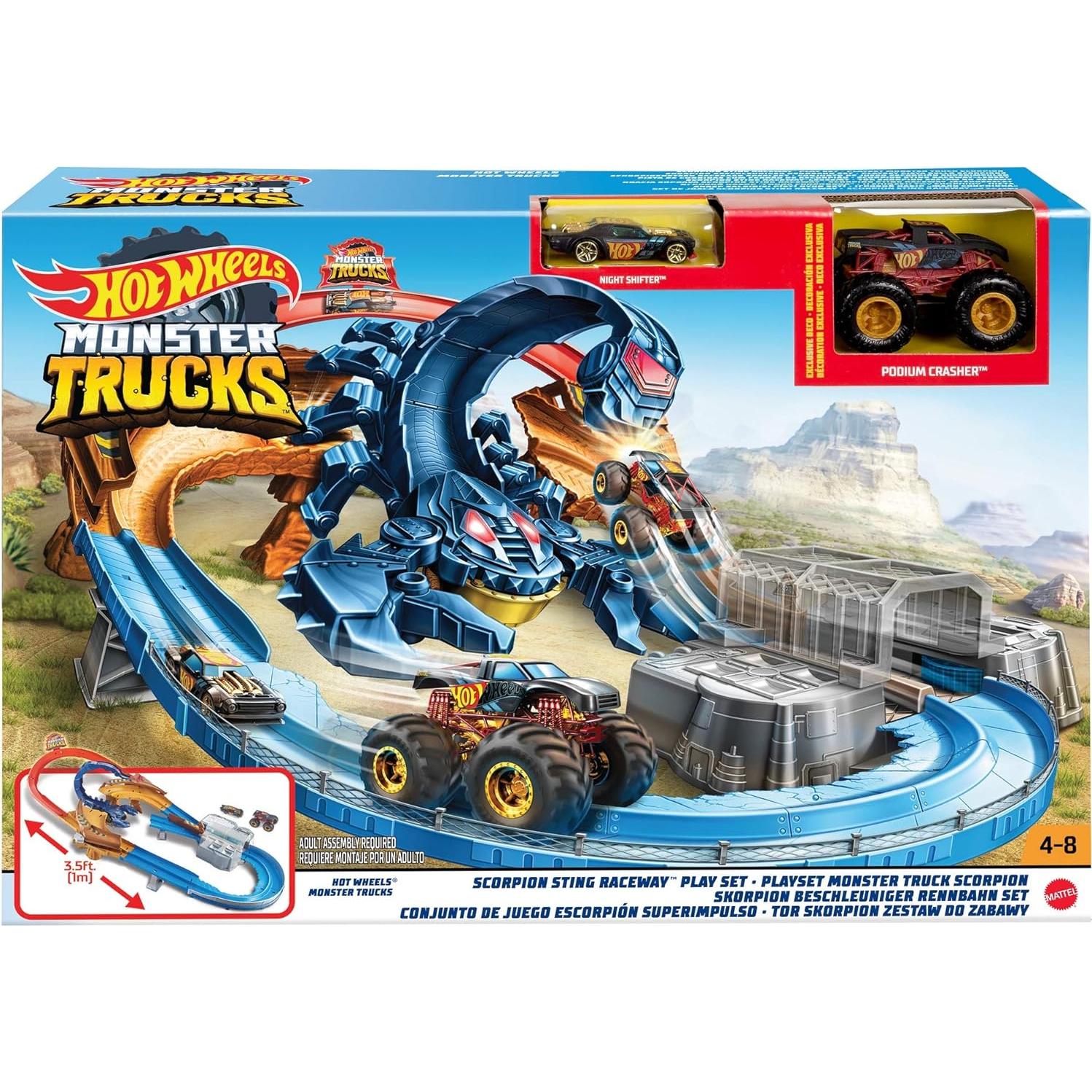 Hot Wheels Monster Trucks Scorpion Sting Raceway 3.5 feet Motorized Track Set with Giant Scorpion, 1:16 scale Monster Truck Podium Crasher & 1 Hot Wheels 1:64 Scale Night Shifter Model