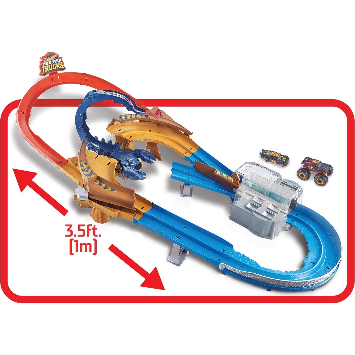 Hot Wheels Monster Trucks Scorpion Sting Raceway 3.5 feet Motorized Track Set with Giant Scorpion, 1:16 scale Monster Truck Podium Crasher & 1 Hot Wheels 1:64 Scale Night Shifter Model