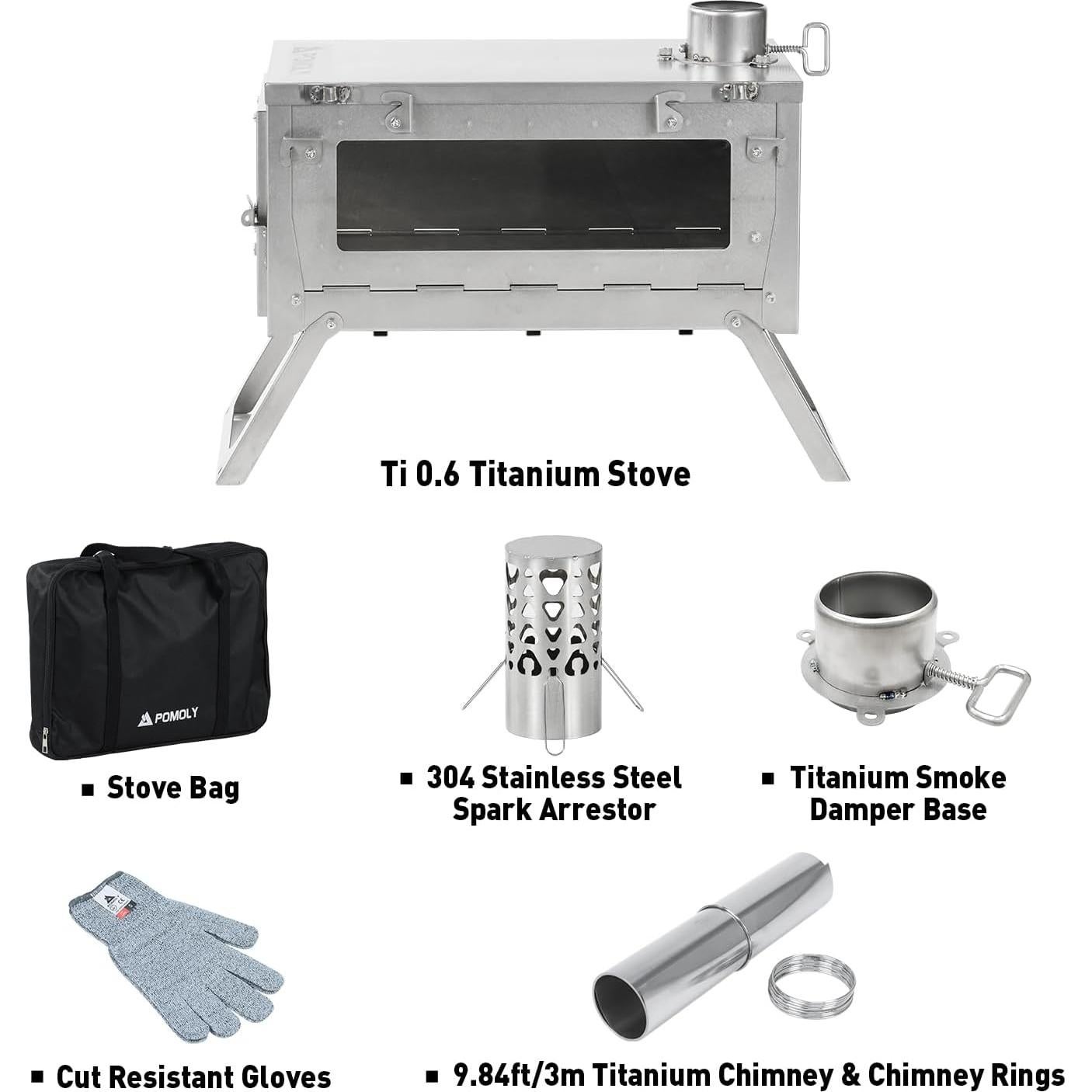 Camping Wood Stove Hot Tent Stove, POMOLY Ti 0.6 Portable Lightweight Titanium Stove for Hiking, Cooking, Heating (Stove Pipe 9.84ft / 3m)