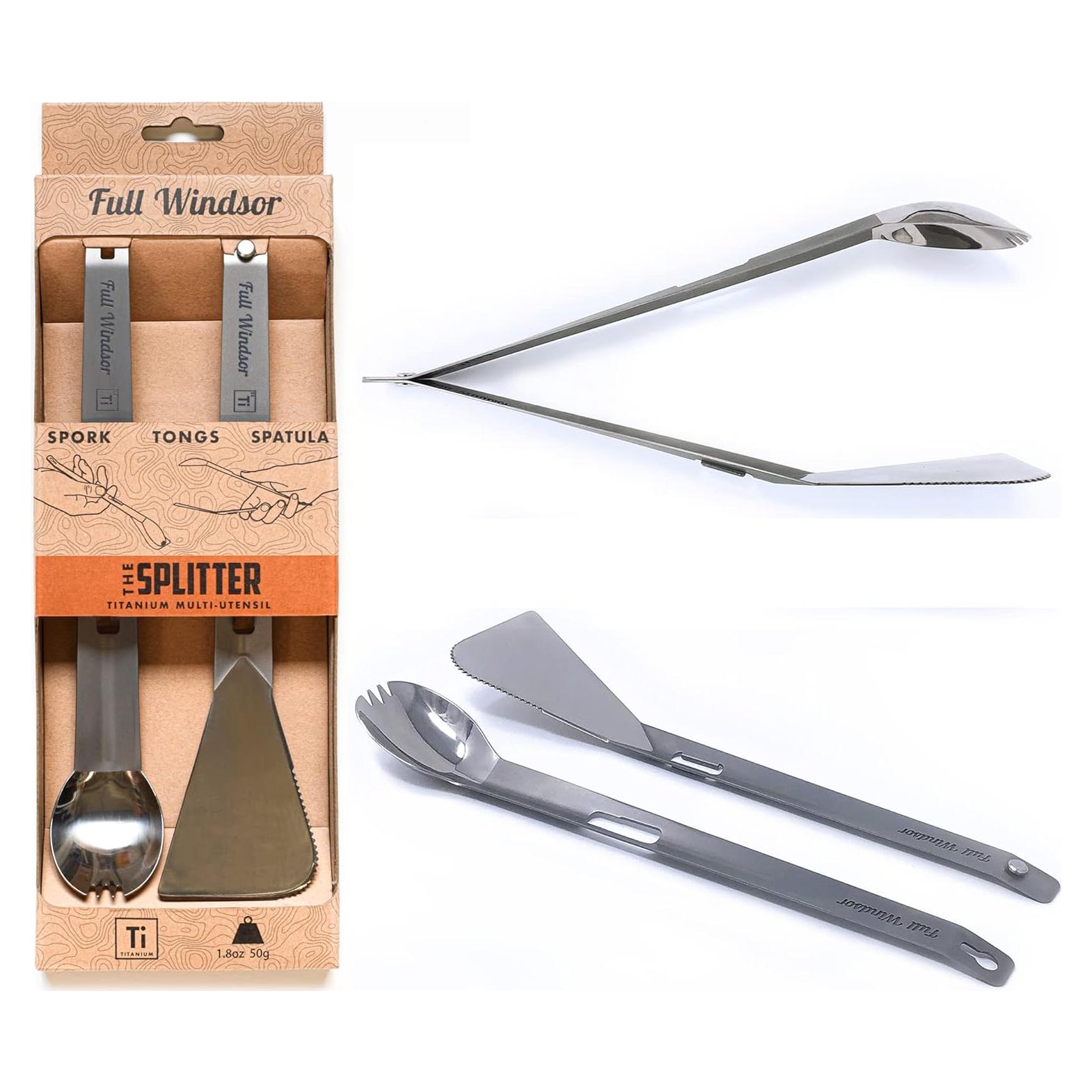 FULL WiNDSOR - THE SPLITTER - Titanium Tongs, Spork and Spatula - Portable Lightweight Metal Multi Utensil - Camping, Backpacking, Travel, Outdoor Cooking, Camp kitchen Cookware - Fathers Day Gifts